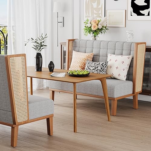 Miniatura 4 de Andeworld Banco de sofá biplaza con brazos de ratán, mini sofá tapizado moderno con respaldo alto, banco de comedor de banqueta para sala de estar,