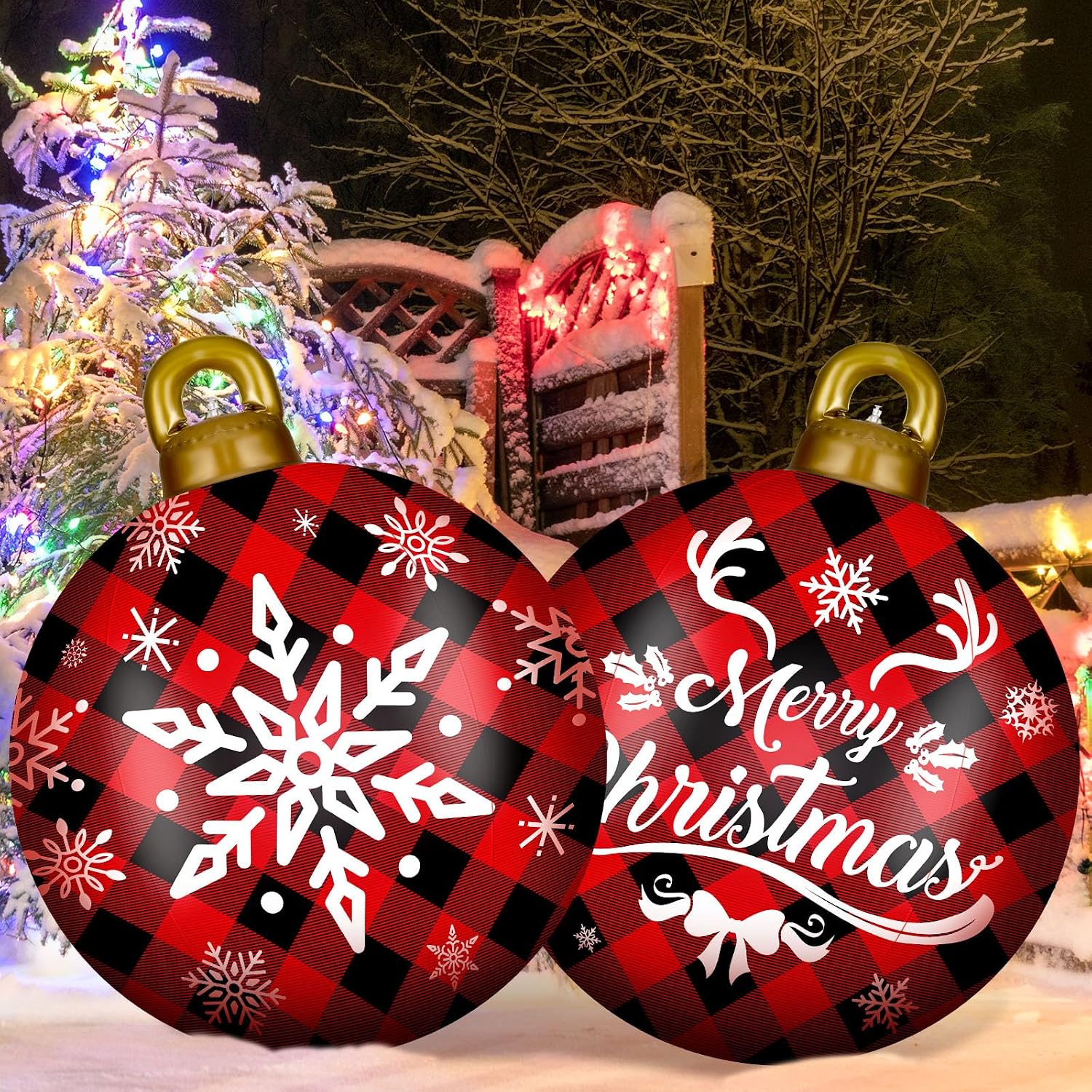2 Pieces 32 Inch Giant PVC Inflatable Christmas Decorated Ball Ornaments Outdoor Large Xmas Blow Ball Decorations for Christmas Themed Party Ornaments(Merry Words,Red White)