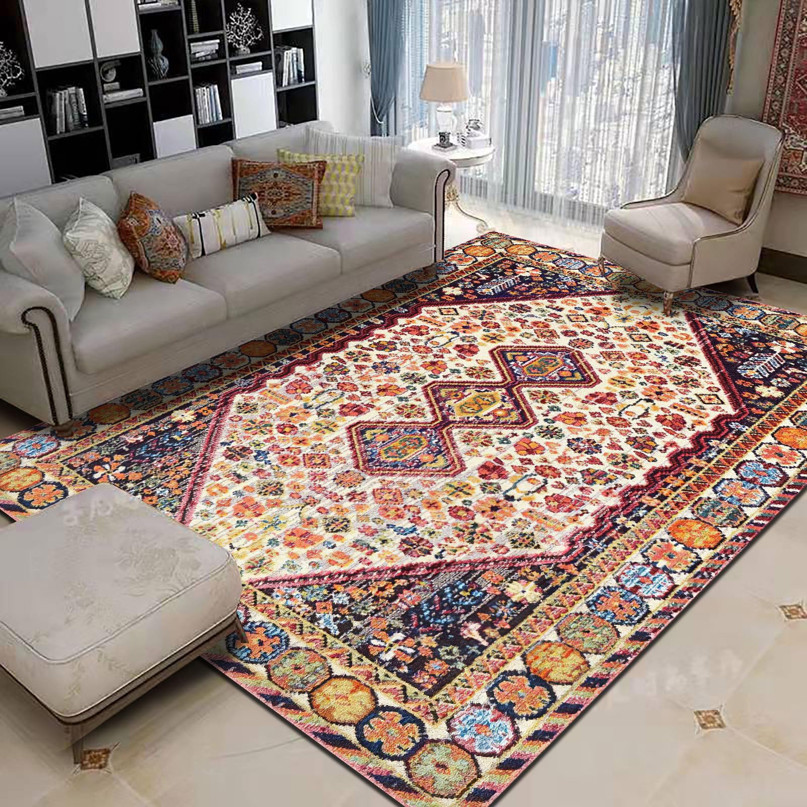 Tapis grand salon ethnique haut de gamme velours doux floral