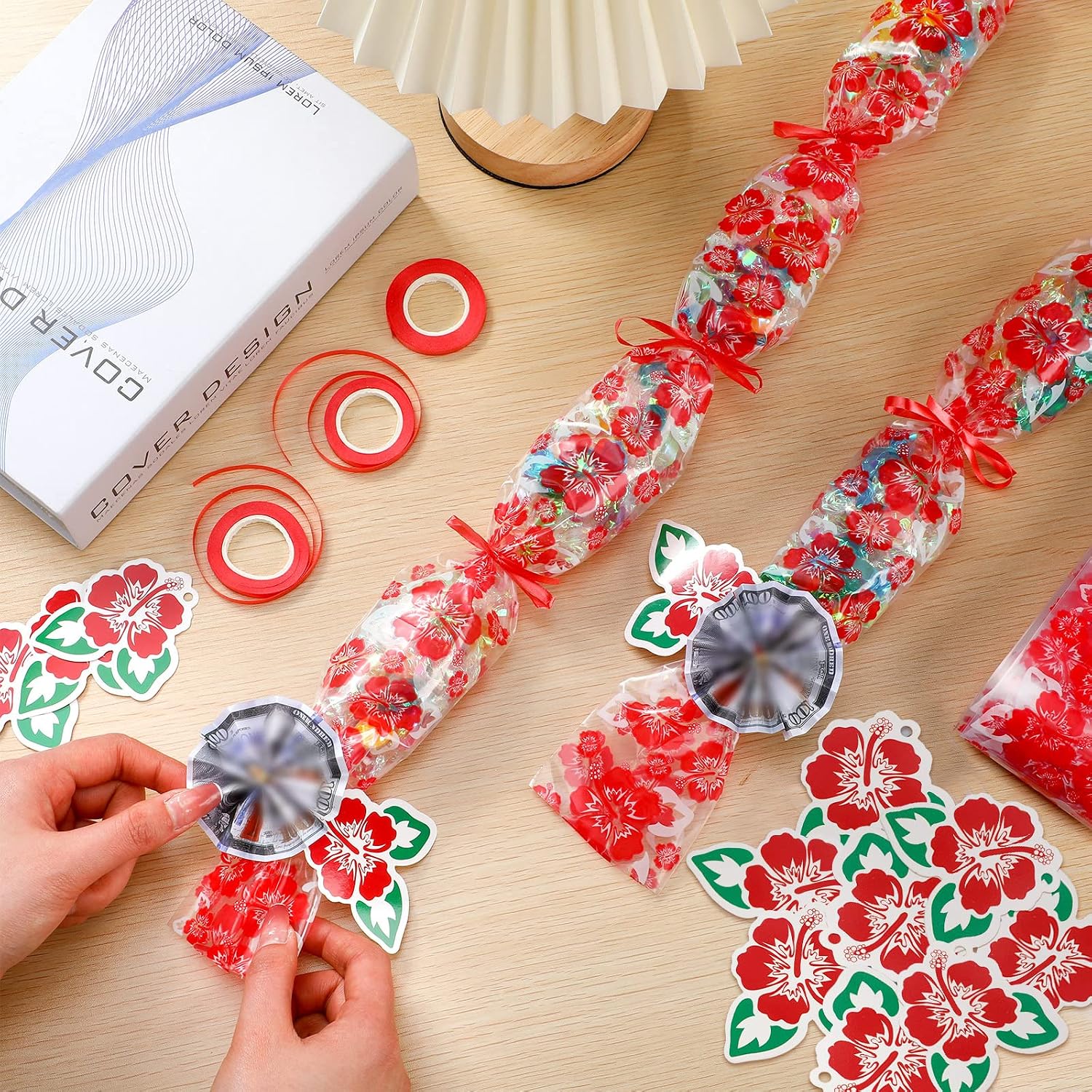 Kisston 12 Set Graduation Candy Lei Tubing Making Kit, 12 Pcs Clear Poly Lei Tubing & 3 Rolls Ribbons & 24 Hawaiian Cards for 2026 Congrats Grad DIY Candy Wreaths Class Party Gifts(Red,Hibiscus)