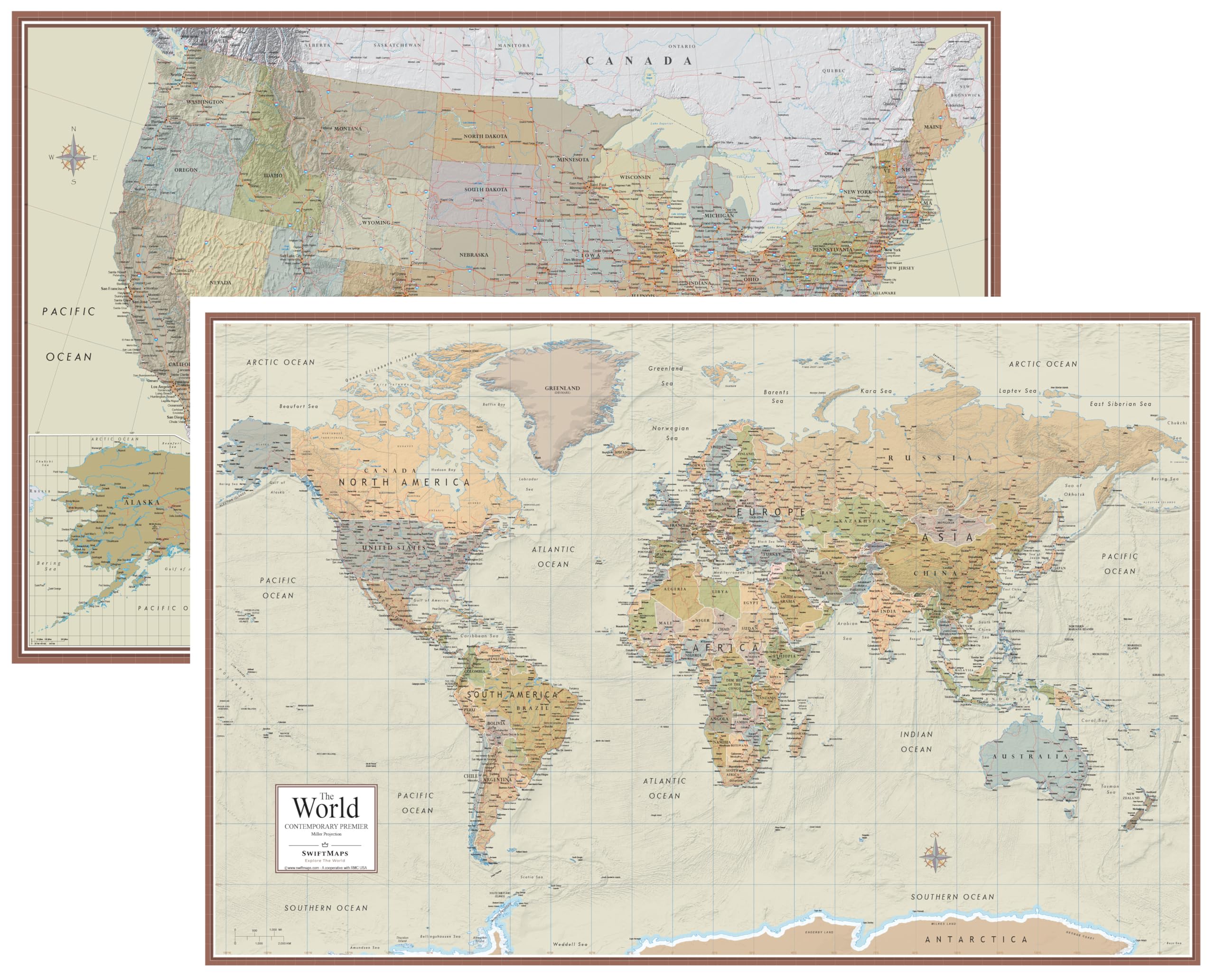 Swiftmaps World and USA Contemporary Premier 3D Two Wall Map Set (24x36 Laminated)
