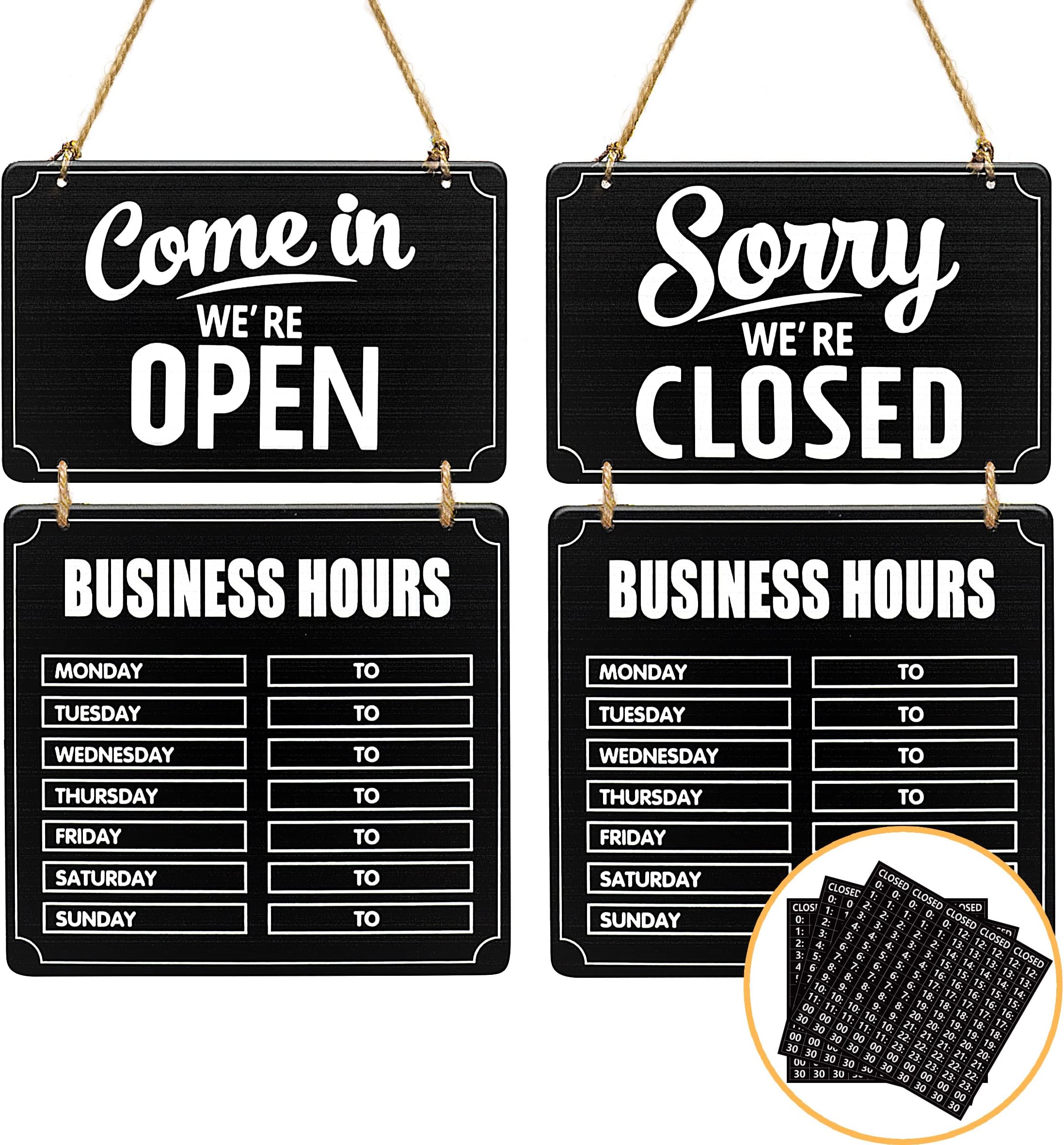 Lesnala Business Hours Sign Hanging Open and Closed Mark Wooden Double Sided with Time Stickers for Coffee Bar Shop Door Window Restaurant Black