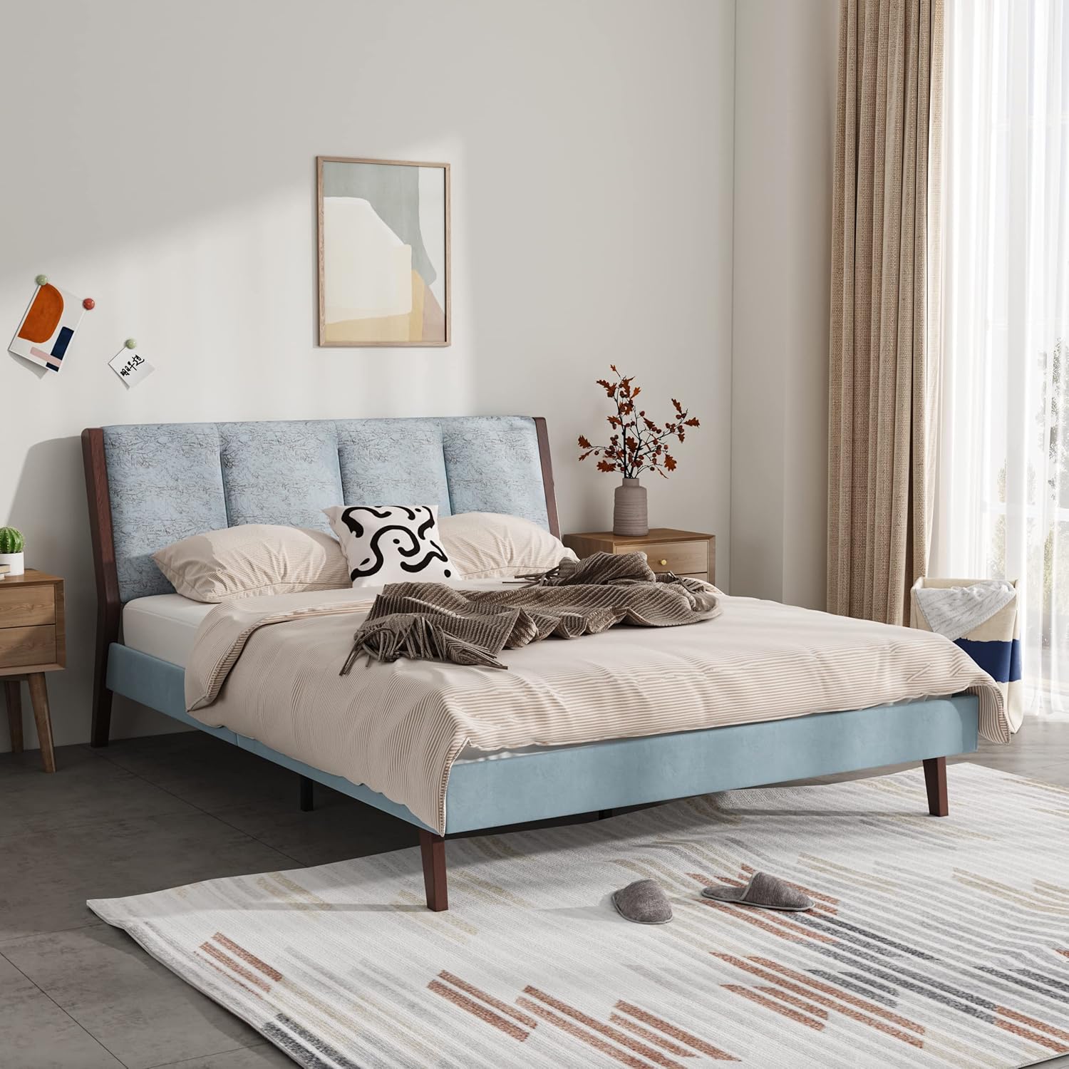 RYR Queen Size Upholstered Platform Bed Frame with Velvet Elegant Headboard and Wooden Slats Support,Easy Assembly No Box Spring Needed Sky Blue Velvet