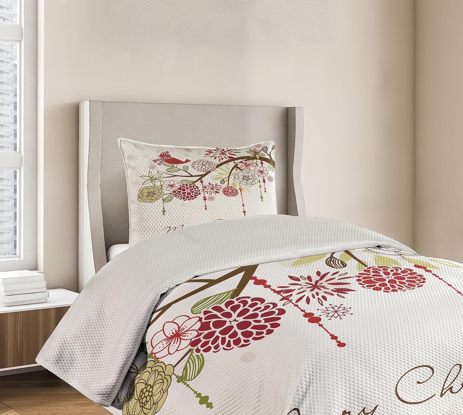 Ambesonne Christmas Coverlet, Floral Winter Red Bird Hat and Scarf on Blooming Tree Nature Inspired, 2 Piece Decorative Quilted Bedspread Set with 1 Pillow Sham, Twin Size, White Green