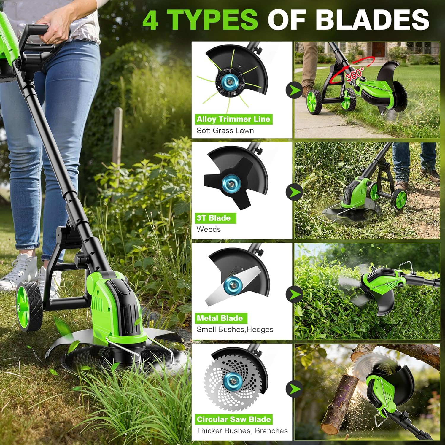12" Stringless Weed Wacker Cordless Eater, 20000 RPM Powerful Battery Powered Trimmer Edger Lawn Tool, 21V 6000mAh Electric Wheeled Lawn Edger with Blades, Foldable& Lightweight Design Brush Cutter