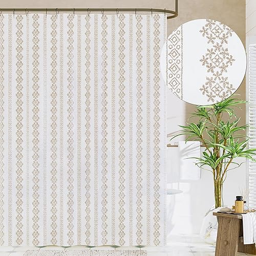 jinchan Boho Farmhouse Taupe and White Shower Curtain Geometric Vertical Striped Fabric Shower Curtains for Bathroom Modern Country Rustic with Hooks Waterproof 70x72 inches