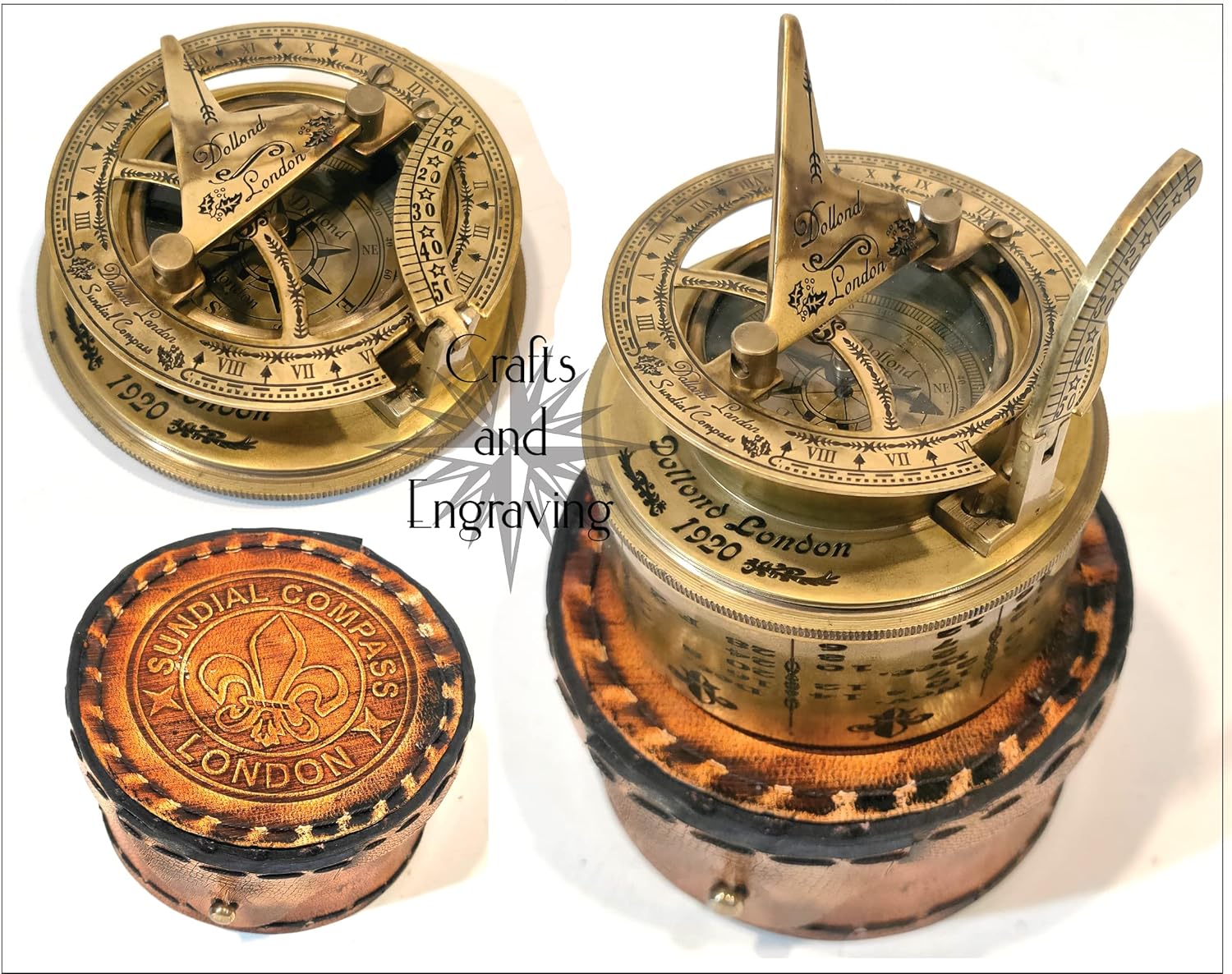 Crafts and Engraving 7 cm Nautical Engraved Brass Box Sundial with Compass Calendar with Leather Box, Table top Decor, Gift Item, Collectible