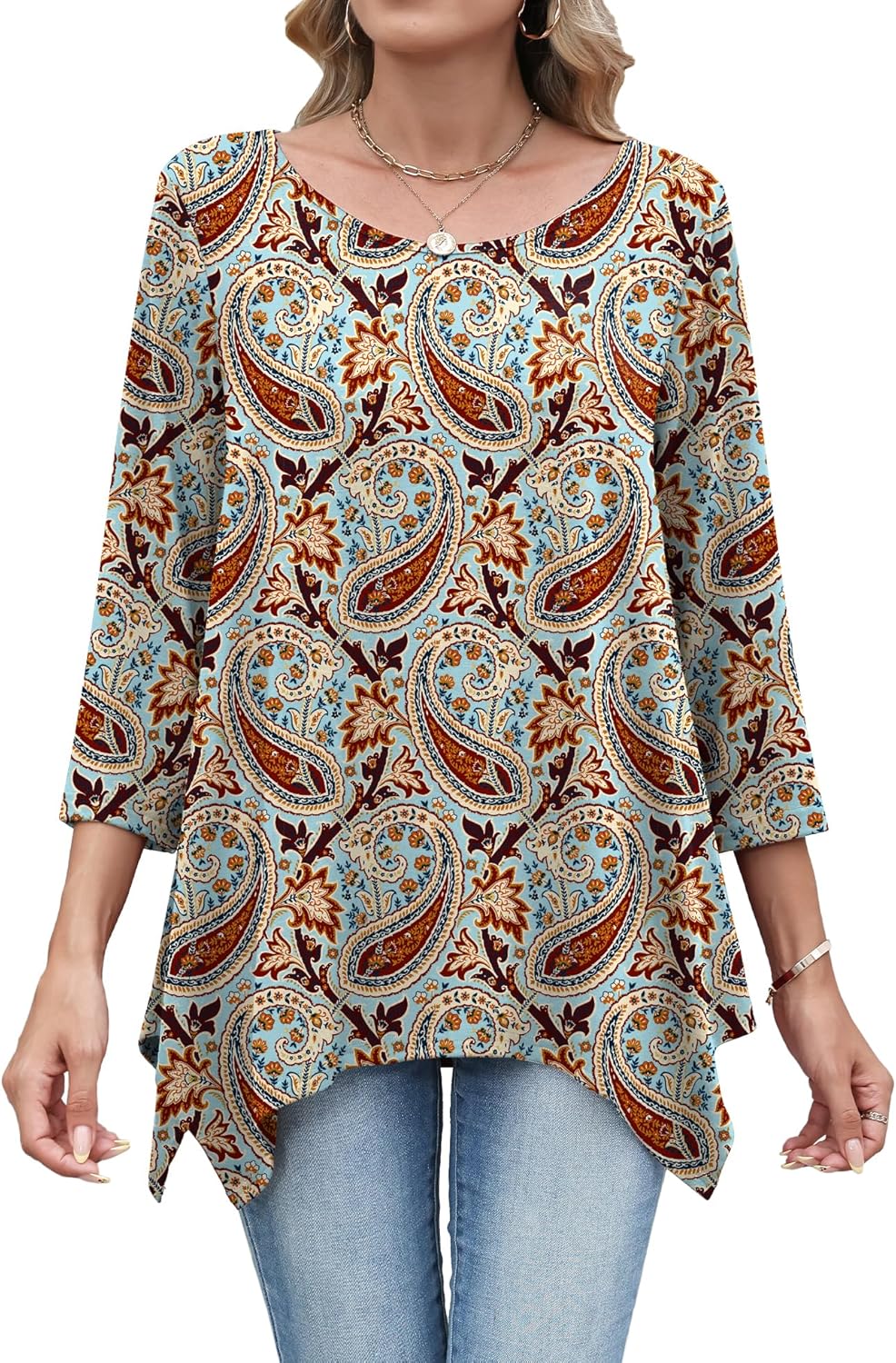 AKEWEI 3/4 Length Sleeve Womens Loose Fit Blouses Dressy Casual Tunic Tops Crew Neck Tees S-2XL - Image 2