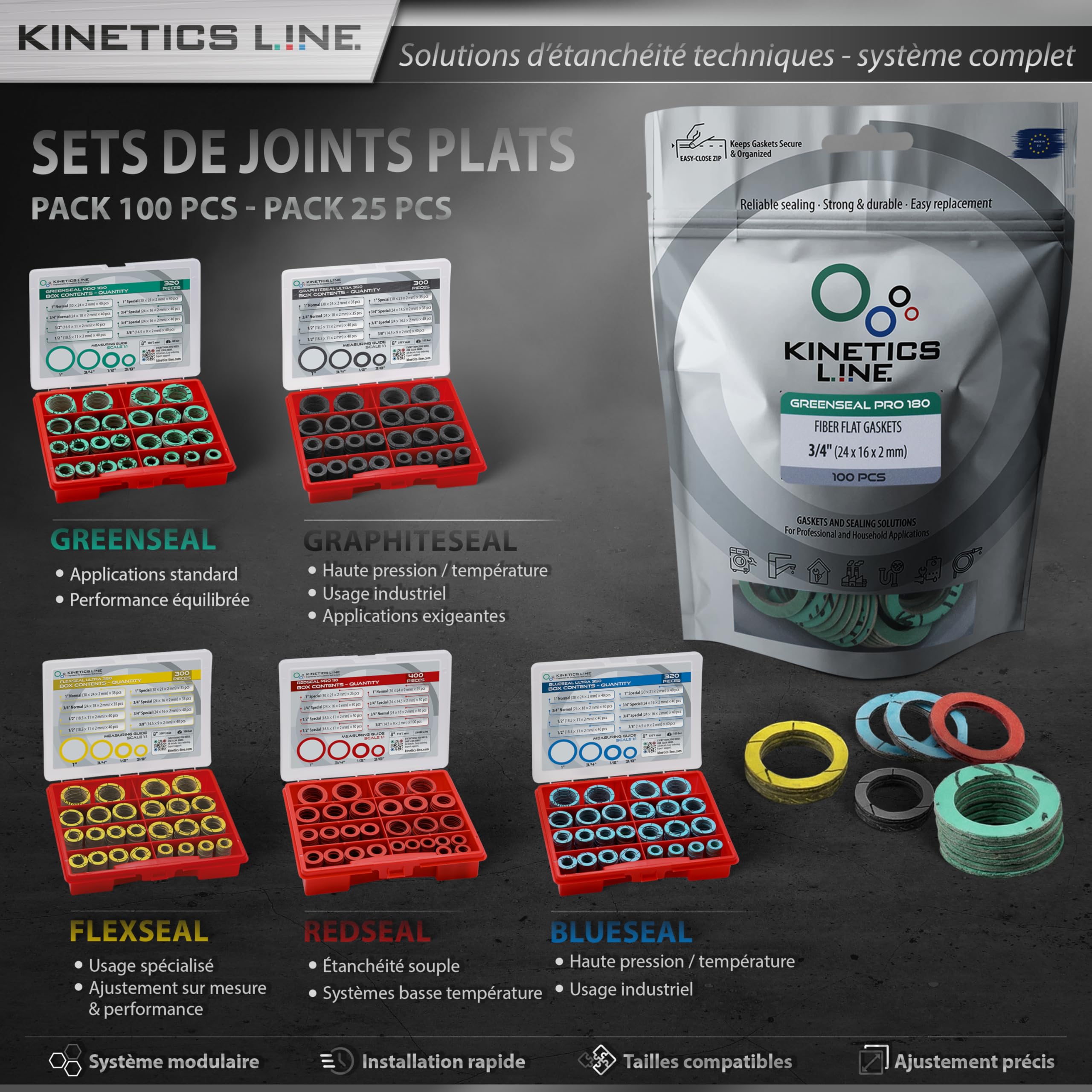 Kit Joints Graphite 300 Pièces – Assortiment Joints de Bride 3/8–1 Pouce – Haute Température Jusqu’à 350°C & 100 bar – Joint Vapeur Haute Pression Industriel
