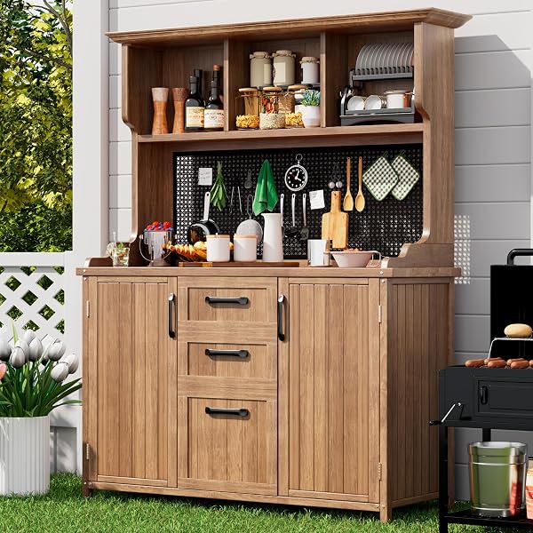 Merax Outdoor Storage Cabinet, Solid Wood, Natural, 120x50x185.1cm, 47kg, Rustic, with 3 Drawers and Metal Pegboard - 3