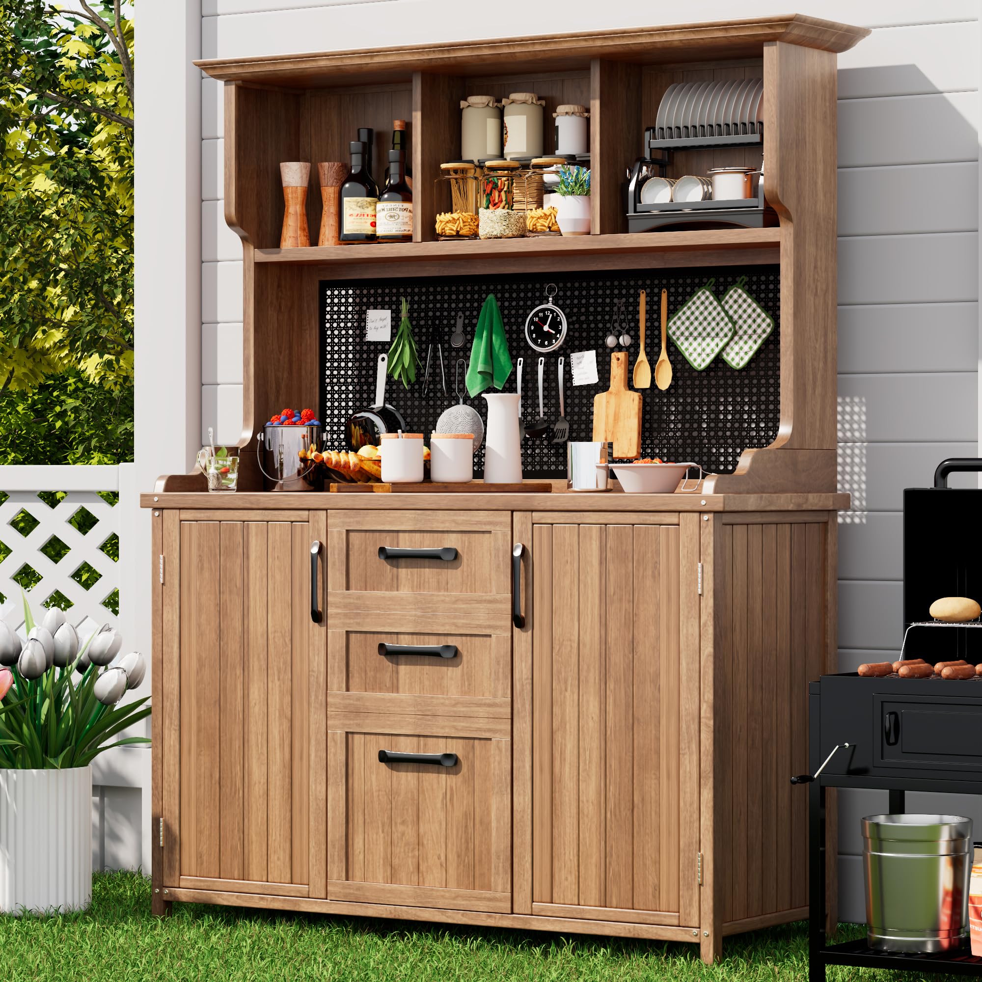 Gartenschrank Massivholz wetterfest Grün mit Arbeitsplatte & 2 Schubladen, Outdoor-Geräteschrank für Garten Terrasse Balkon, mit 2 Regalböden & magnetischem Schloss
