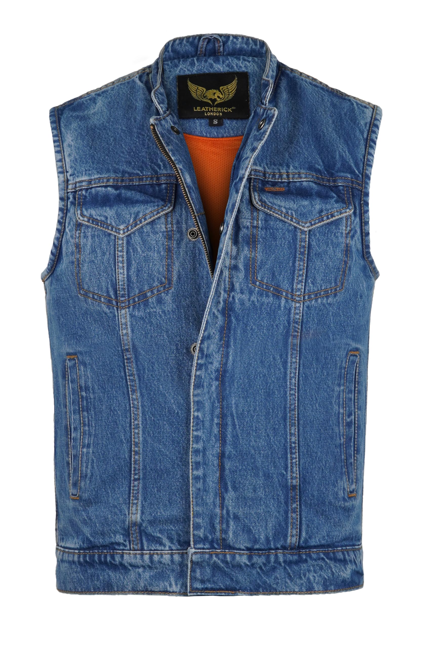 Leatherick Gilet da motociclista da uomo in denim pesante con interno traspirante, gilet da motociclista a doppia chiusura con tasche per il trasporto nascoste (IT, Testo, S, Regular, Regular, Blu)