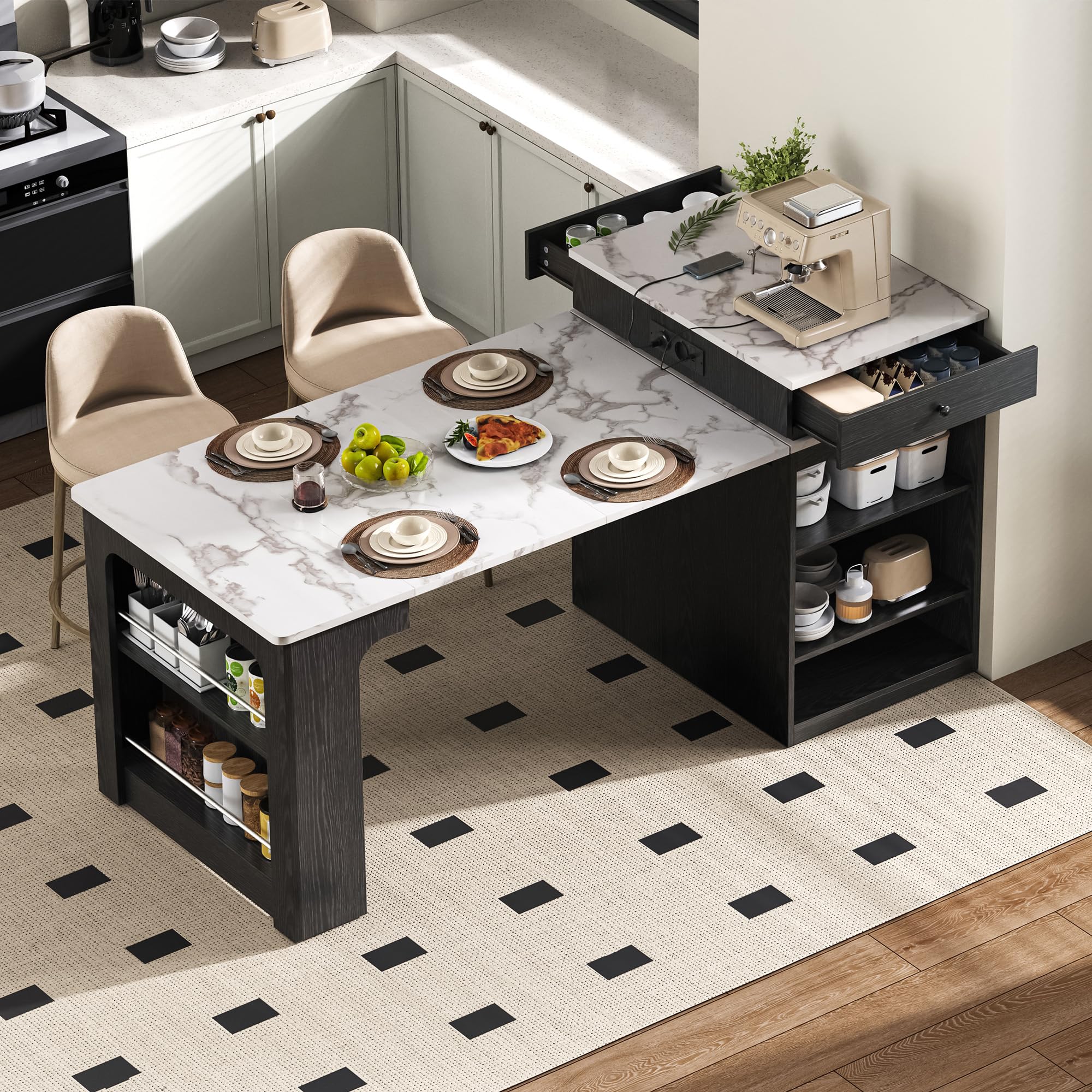 Isola da cucina con ruote, Tavolo da pranzo allungabile con piano smontabile, tavolo bar con prese elettriche, serve come isola da cucina, credenza, credenza o tavolo bar per cucina e sala da pranzo