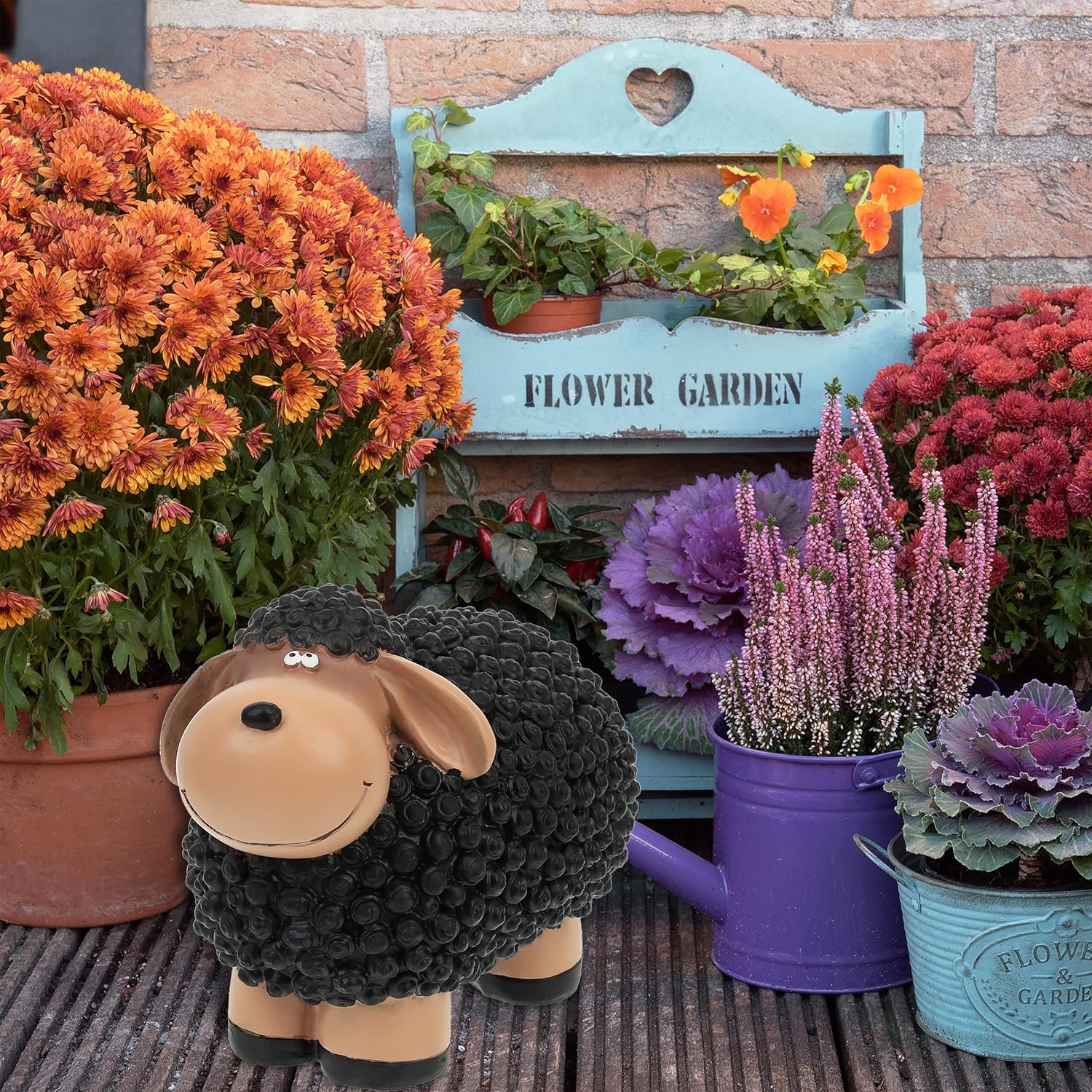 Relaxdays Garden Figurine Sheep, Hand-Painted, Decorative Sheep, Weatherproof, H x D: 16 x 21 x 12.5 cm, Polyresin, Black/Brown