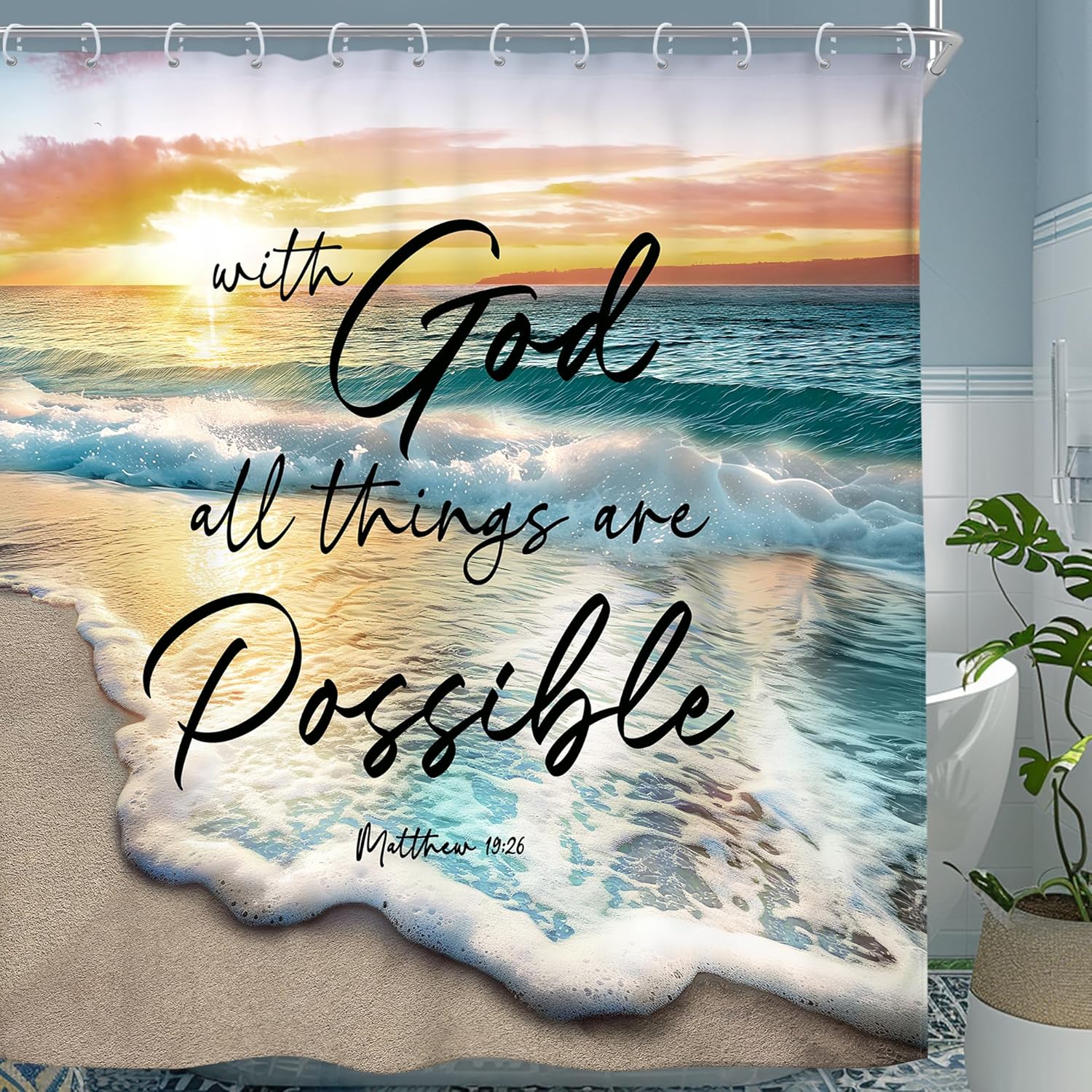 Riyidecor 4 PCS Beach Shower Curtain Sets 72Wx72H Inch, Toilet Lid Cover, U-Shaped Mat and Non-Slip Bathroom Rug, Summer Ocean Sea Sunset Bathroom Sets, Coastal Shower Accessories for Bathroom Decor