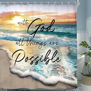 Riyidecor Beach Ocean Bible Verse Shower Curtain Sunrise Sunset Inspirational Scripture Quotes 72Wx72H Inch Summer Coastal Seaside Seascape Fabric Decor Bathroom Polyester Waterproof 12 Pack Hooks