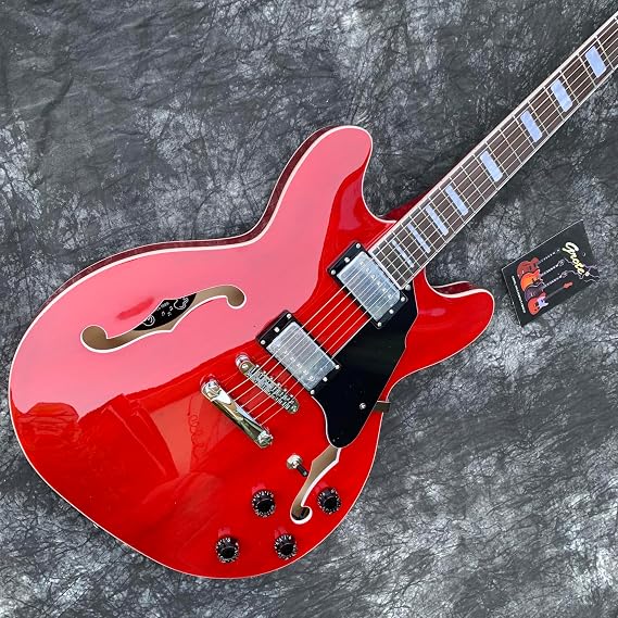 Semi-Hollow Body Electric Guitar, 3 Color Options - Red, Green, Orange (Cherry Red)