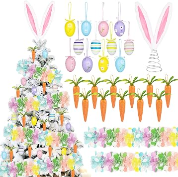 Letsroar Easter Tree Decorations Ornaments for Tree - Easter Egg Tree Ornaments Bunny Ears Tree Topper Garland Carrots Hanging Decorations for Spring Holiday Home Party Supplies