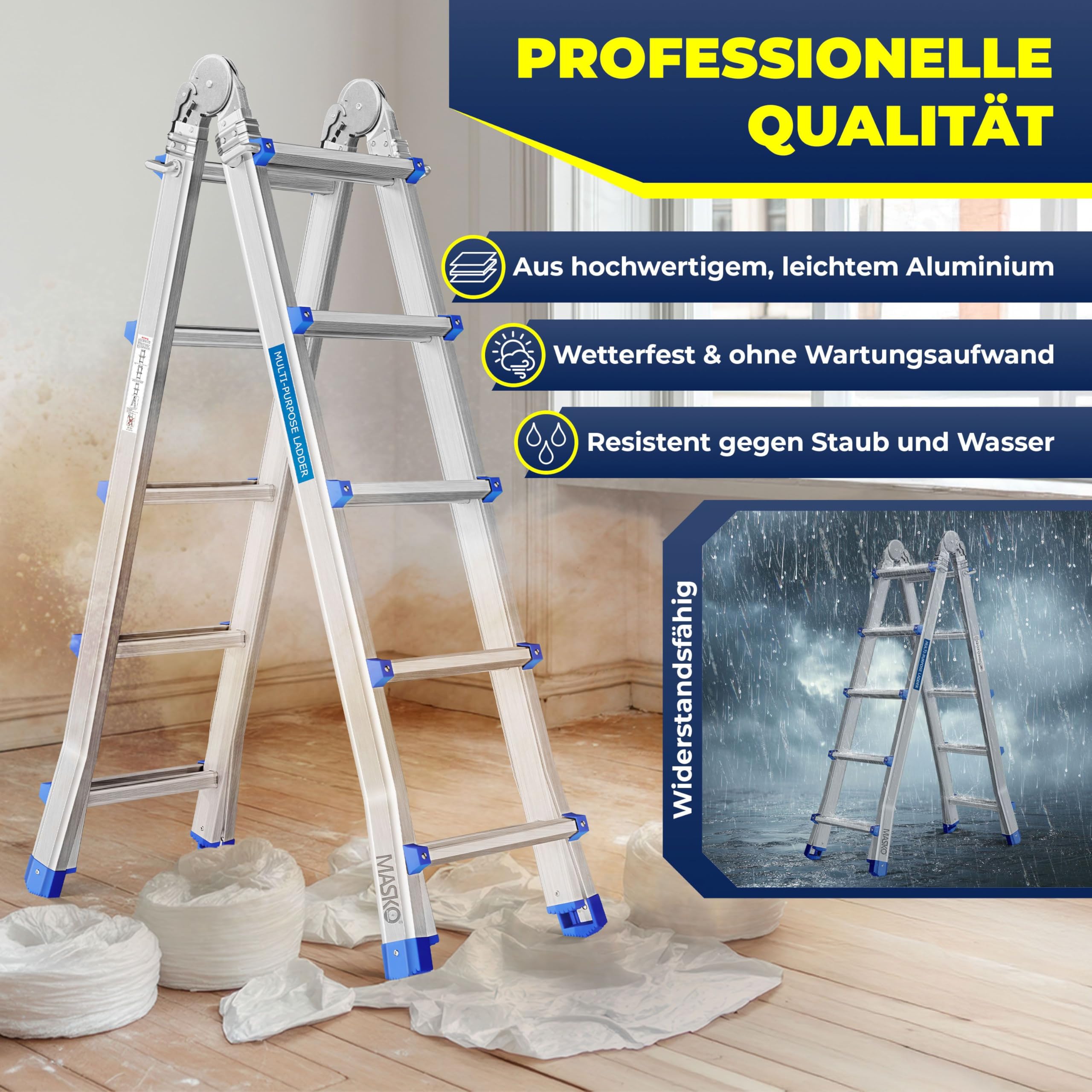 MASKO® Drabina aluminiowa Drabina wielofunkcyjna 5,10m 4x5 szczebli Drabina teleskopowa ✓ Drabina składana ✓ Drabina pojedyncza ✓ Drabina kozłowa ✓ Drabina wysuwana ✓ Drabina dwustronna i schodowa