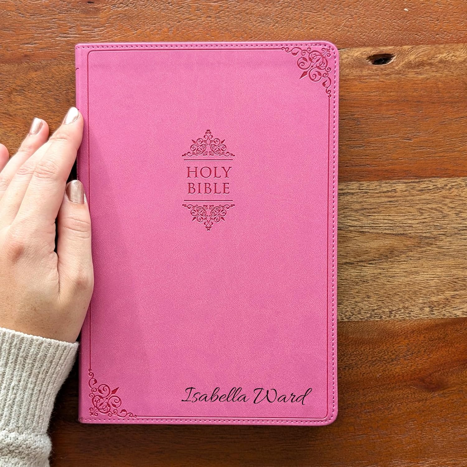 SacredBound Personalized NIV Large Print Thinline Bible – Pink LeatherSoft | Engraved Name, Easy to Read 11 pt, Slim & Lightweight Christian Gift (Name Only)