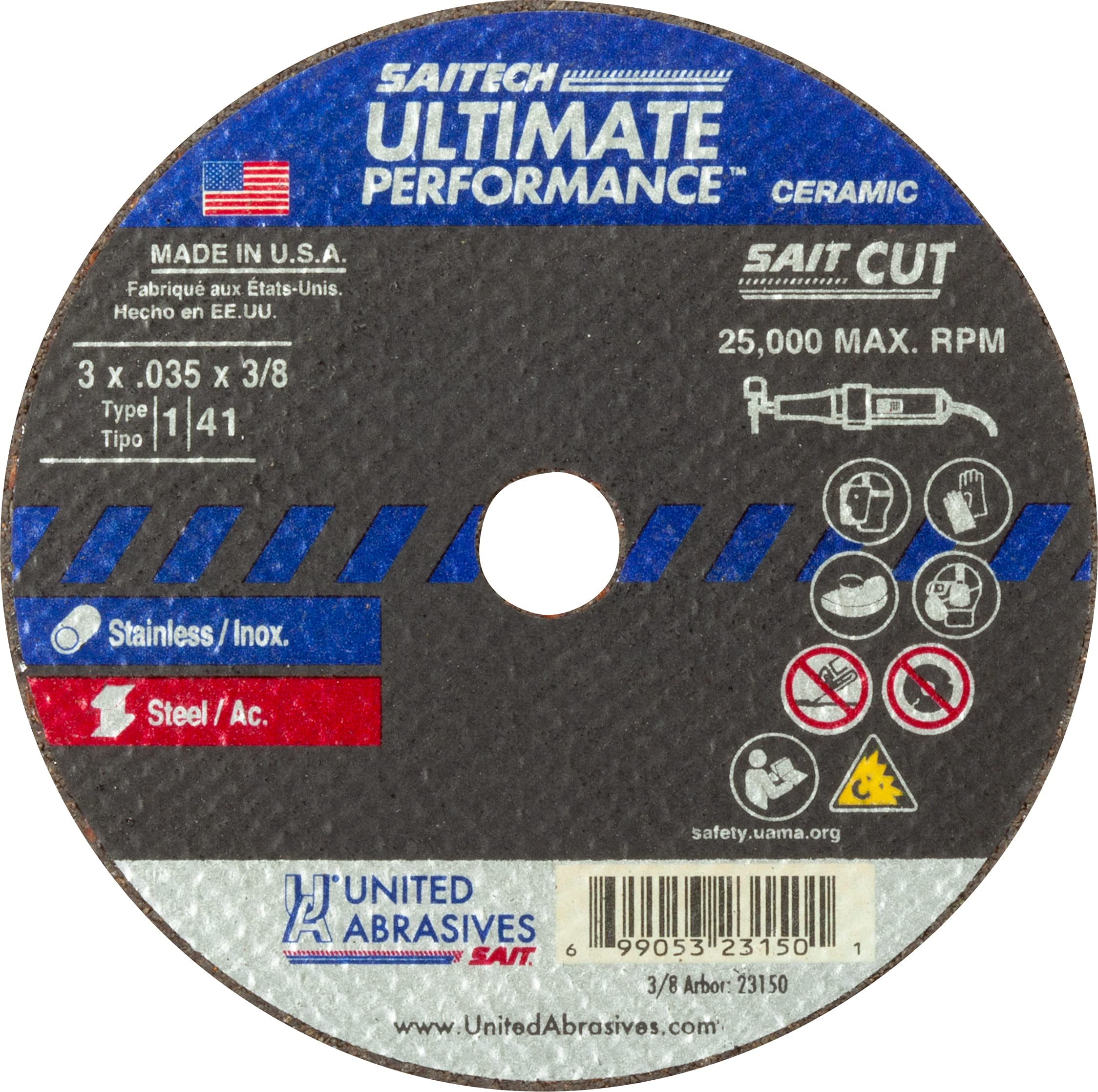 United Abrasives SAIT 23150 3x.035x3/8 Saitech Ultimate Performance Premium Cut-off Wheels, 100 pack