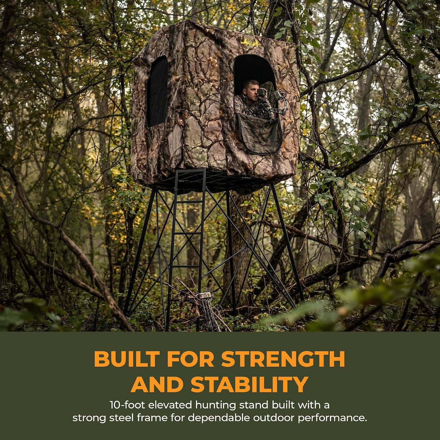 MUDDY Roost Quad Pod 10' Steel Hunting Stand with 57" x 57" Platform, Ladder Access, 2 Flex-Tek Seats, and Camo Blind, 500 Lb Weight Rating