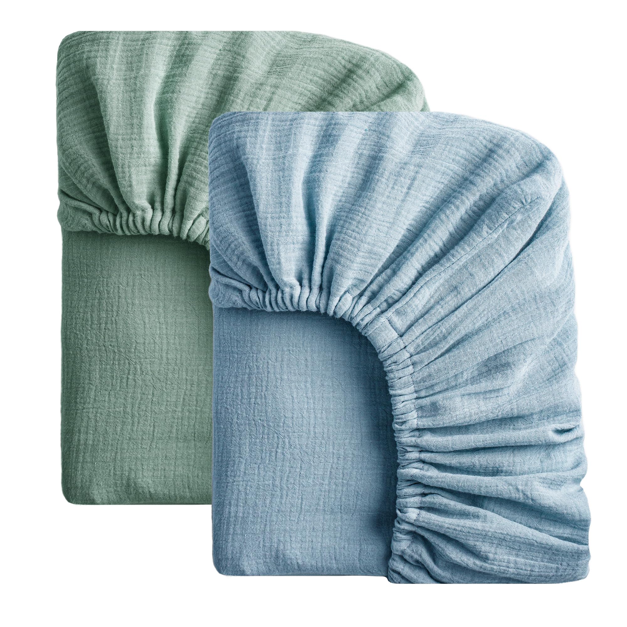 SOULFUL Mini Muslin Crib Sheets for Boys Girls, 2 Pack Soft and Breathable Cotton Fitted Crib Sheets for Standard Crib Mattress (24"x 38", Green &amp; Blue)