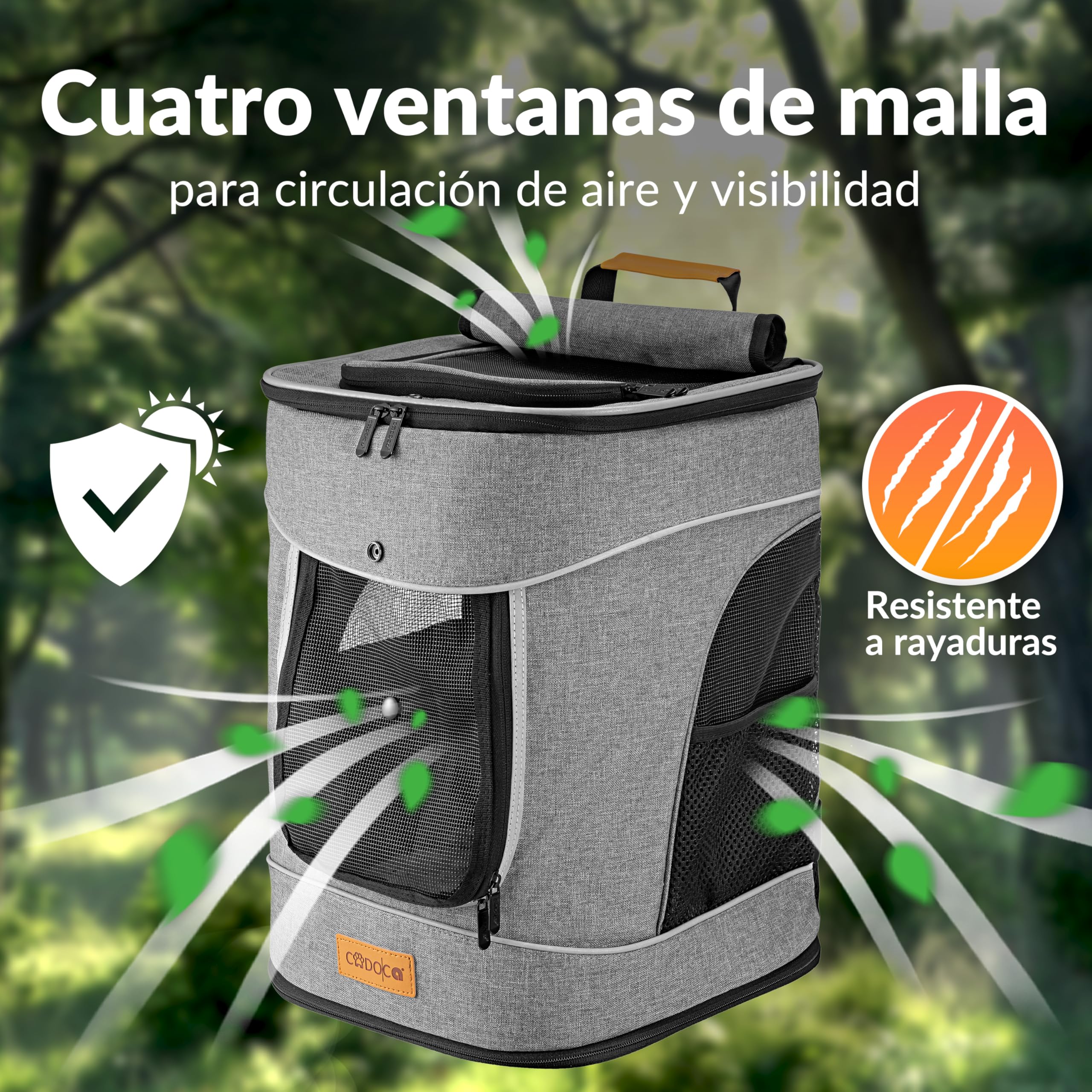CADOCA® Mochila Transportín Perros Gatos 20 Kg Bolso Transporte Mascotas Plegable Correa Comedero Animales Tiras Reflectantes Viajes Excursiones Gris