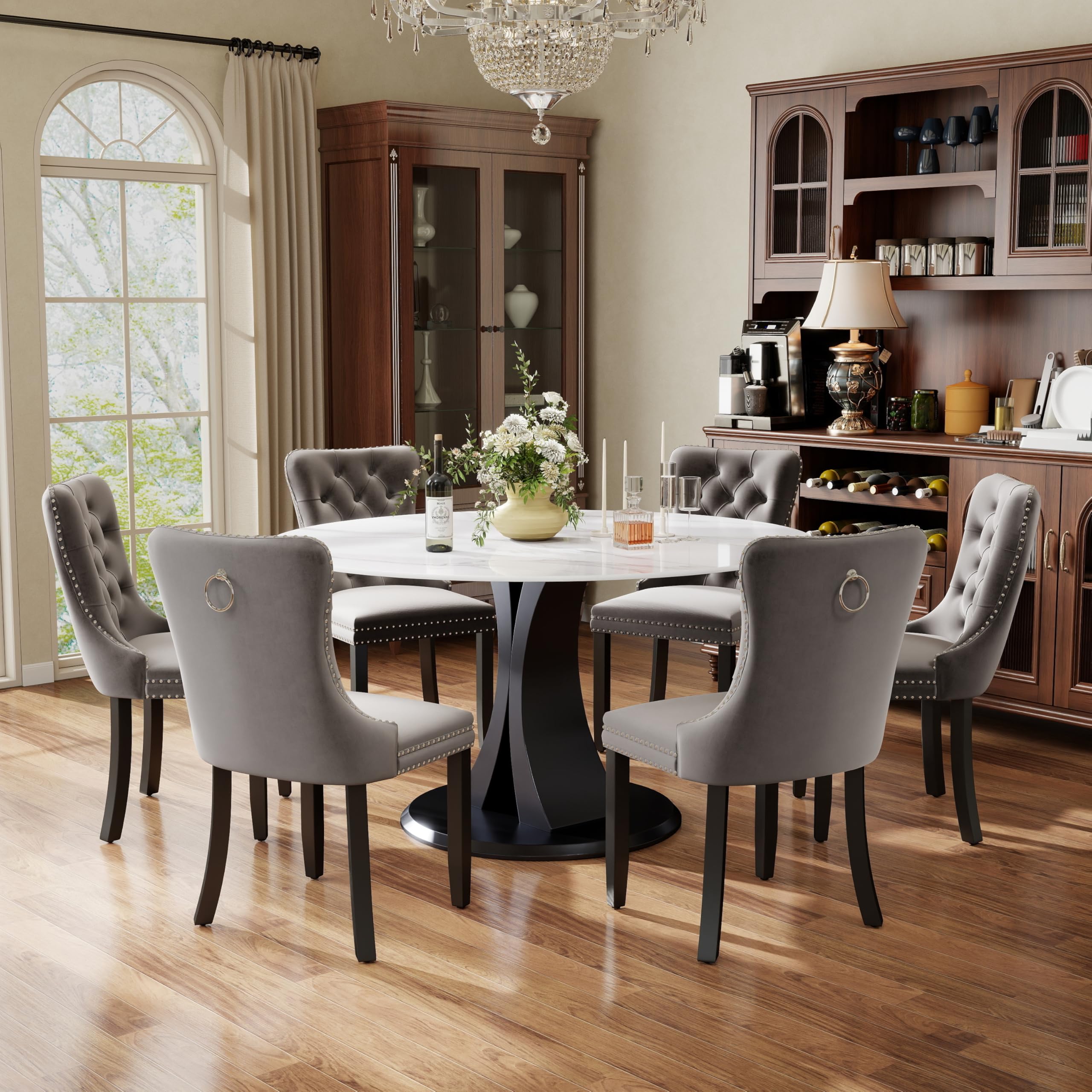 7-Piece Dining Table Set with 47In Faux Marble Table and 6 Velvet Upholstered Chairs, Modern Scandinavian Furniture for Dining Room Kitchen(Gray)