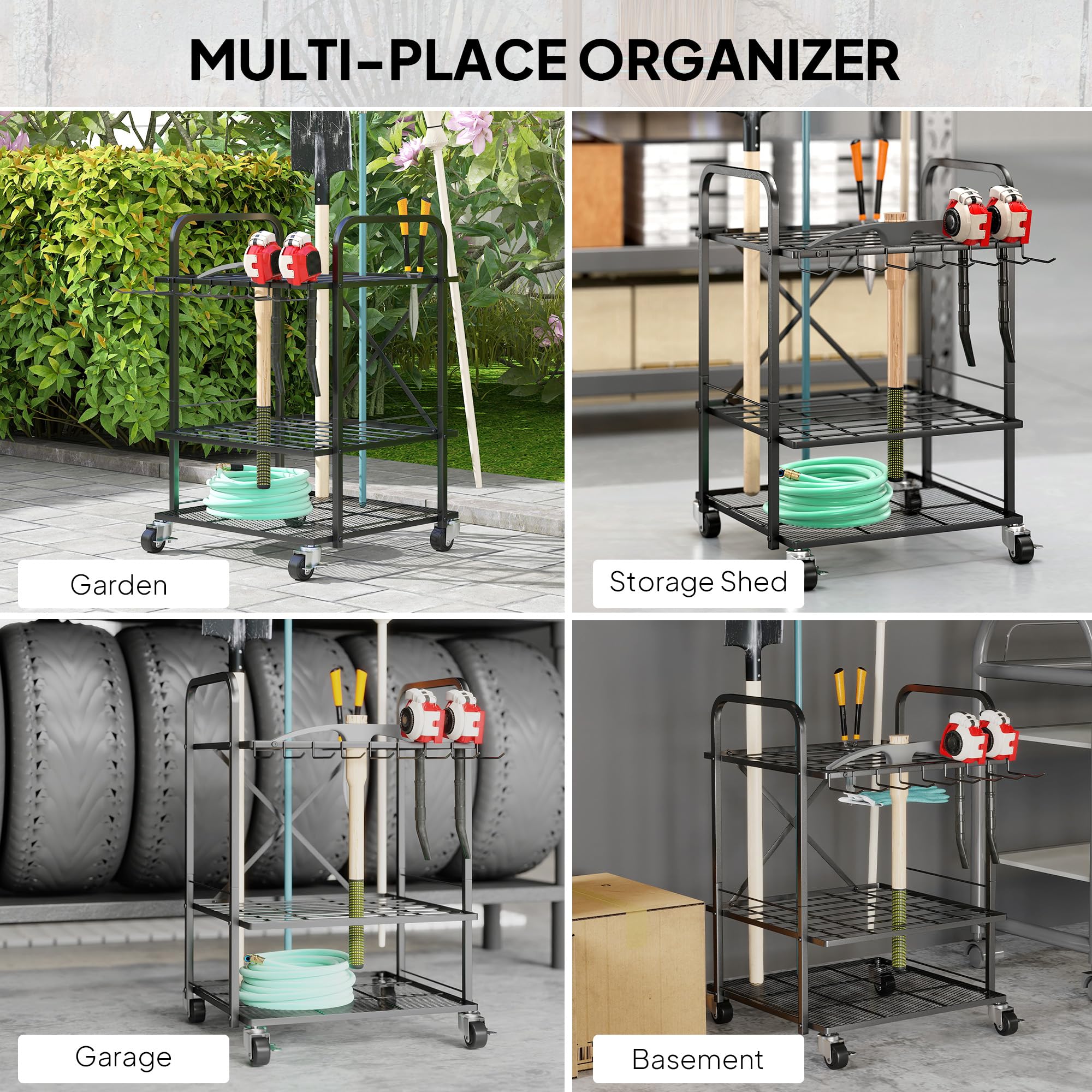 Outsunny Organizador de herramientas de jardín con 9 ganchos, portaherramientas de jardín con 40 compartimentos, portaherramientas de garaje de metal con ruedas para tijeras de podar, palas,