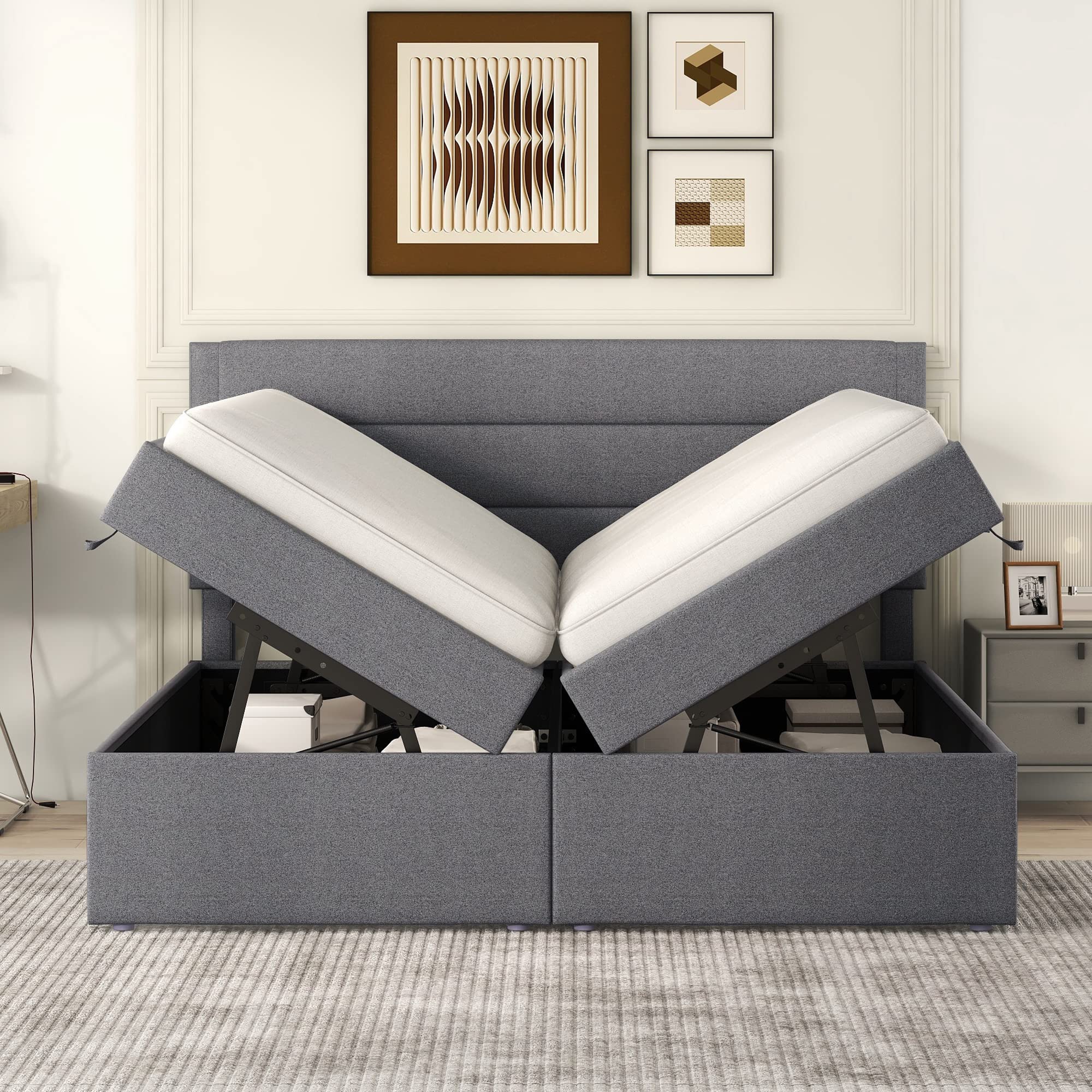 Boxspringbett 140x200 mit Bettkasten, Doppelbett Polsterbett mit Lattenrost, Bett, Betten, Bettgestell mit Stauraum, Schlafzimmer Komplett, Stauraumbett (Grau, Doppelbett 140x200), TkopyBed0615