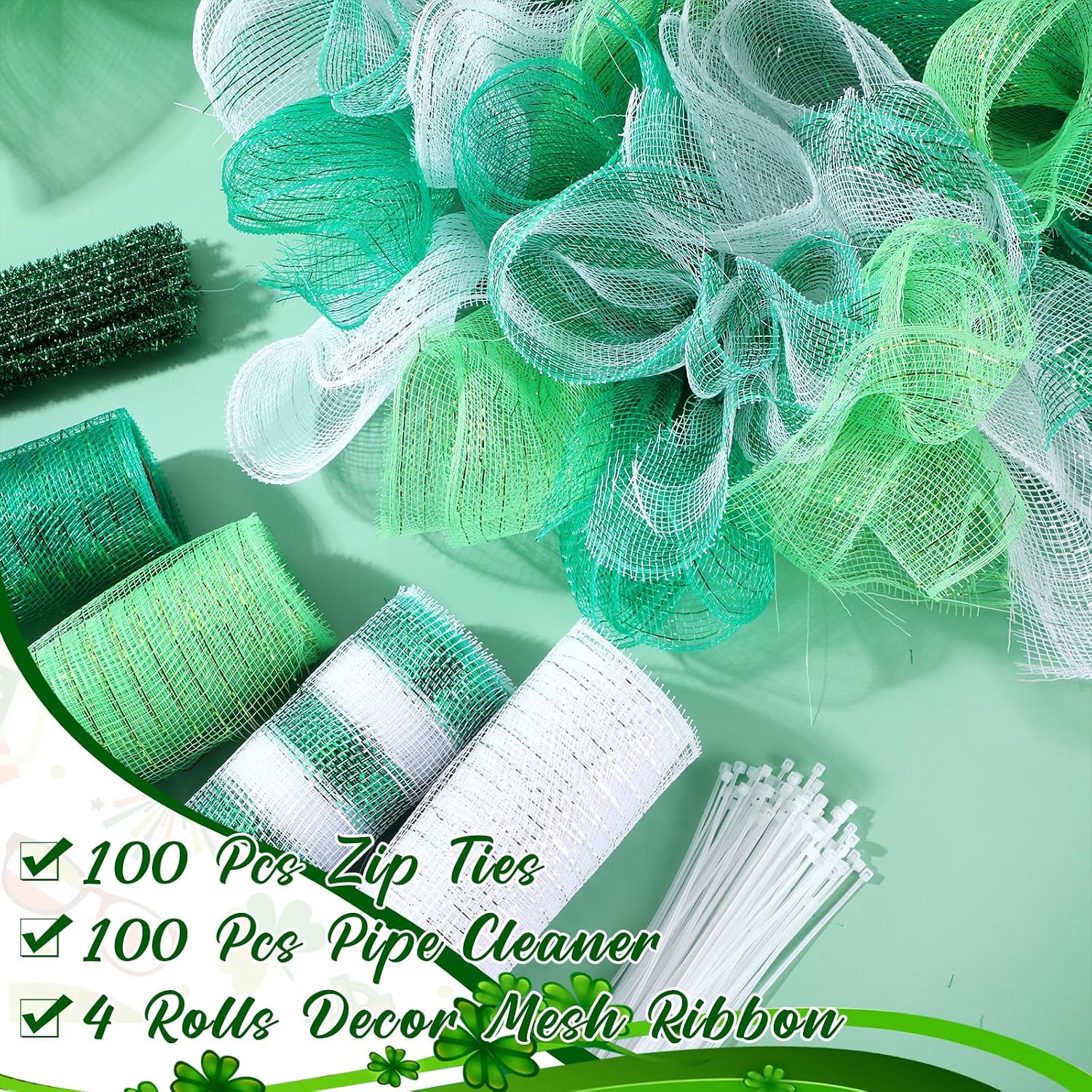 Funtery 4 Rolls 40 Yards st Patricks Day Deco Mesh Ribbon Roll Decorative Green Deco mesh 10 inch with Chenille Stems and Clear Zip Ties for St.Patrick's Day Decoration DIY Flower Wreath