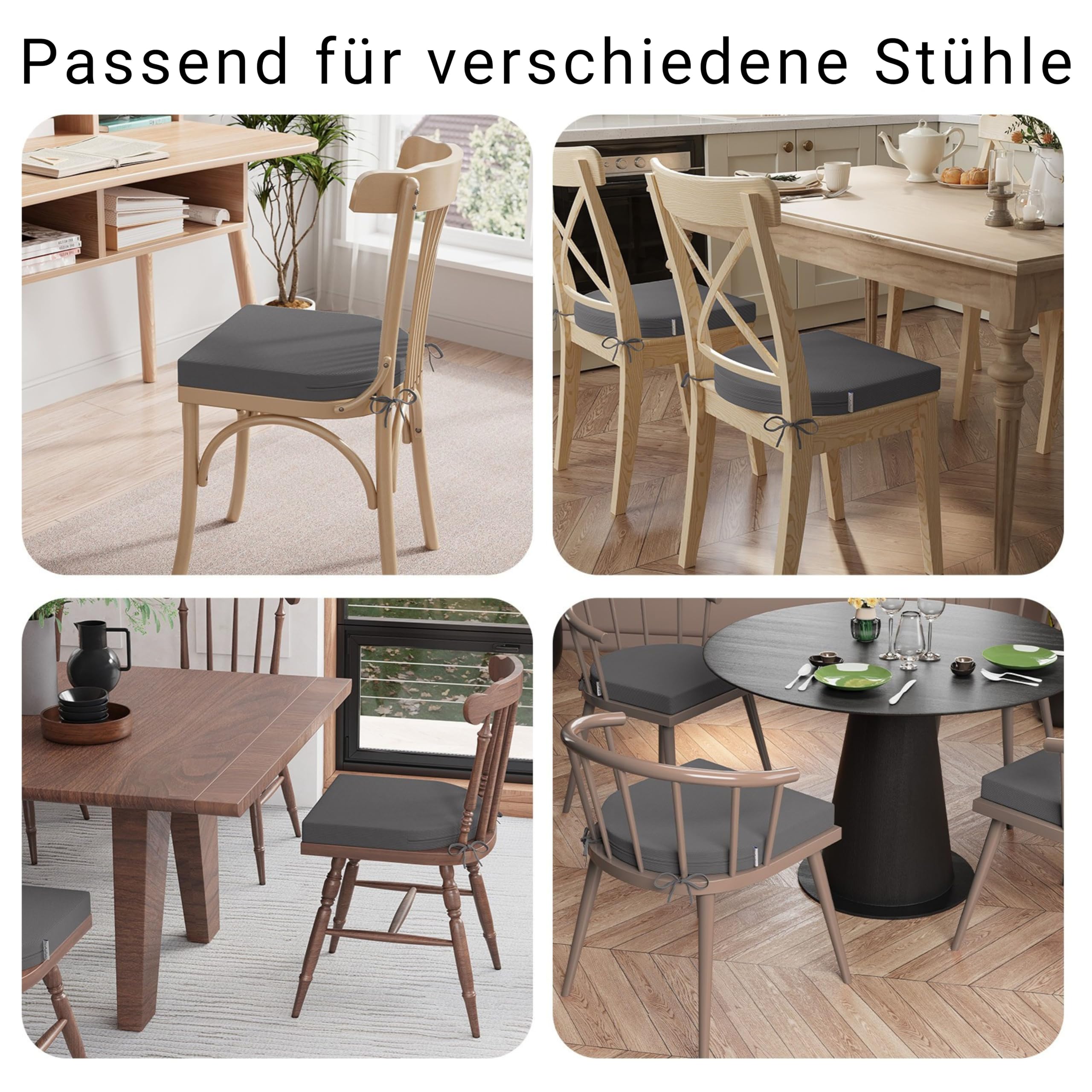 Stuhlkissen 50x50x5cm, 2er-Set mit Fixierbändern, Grau