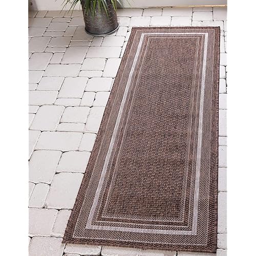 Unique Loom Outdoor Collection Transitional Indoor & Outdoor Casual Solid Tonal Border Area Rug, 2 x 6 ft, Brown/Beige