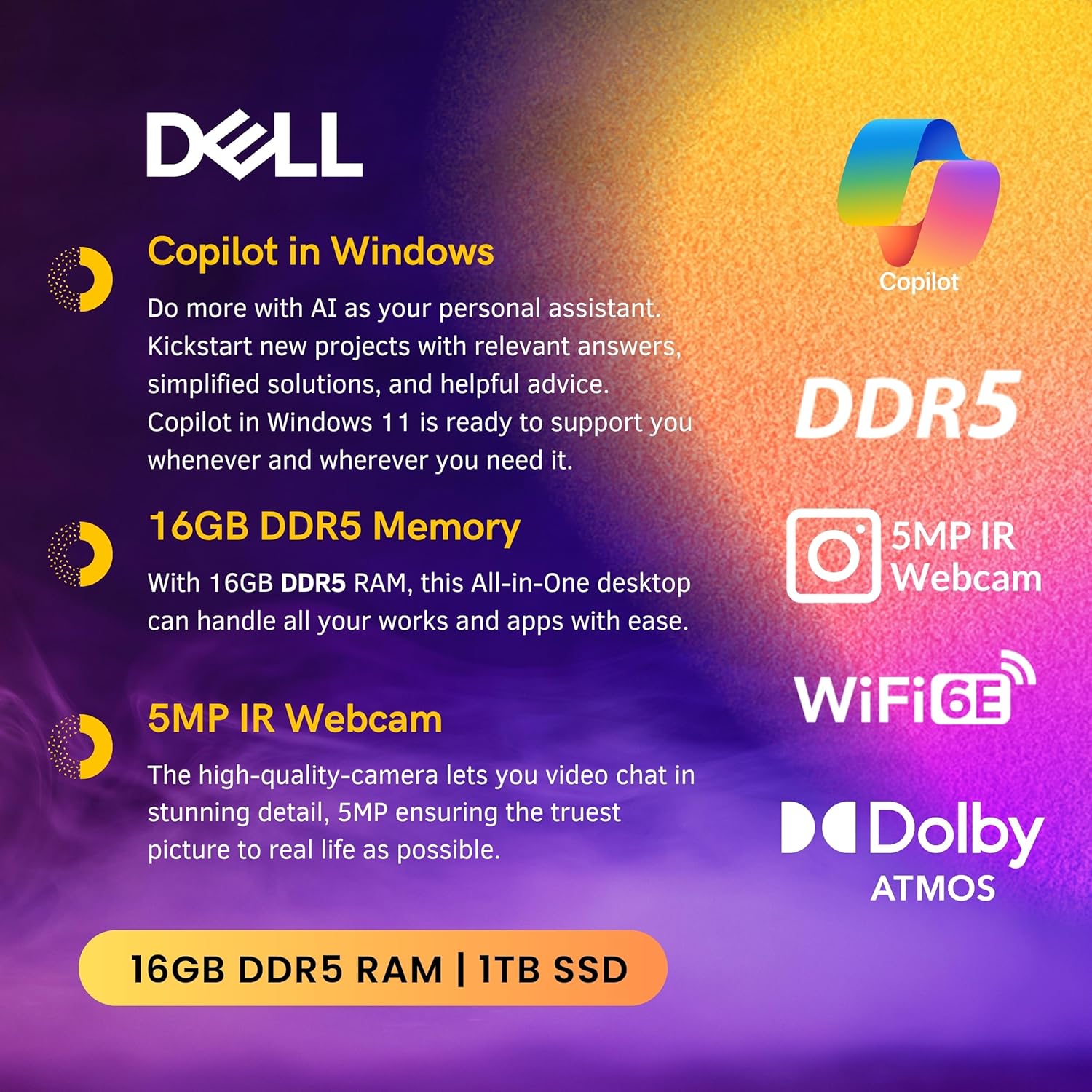 Dell 27 All-in-One Desktop Computer, 27" FHD Touchscreen, Inte Core 7 150U(>i7-14700, 5.40 GHz), GeForce MX570A Graphics, 5MP IR Webcam, Keyboard & Mouse, Windows 11 Pro, White(16GB RAM | 1TB SSD)