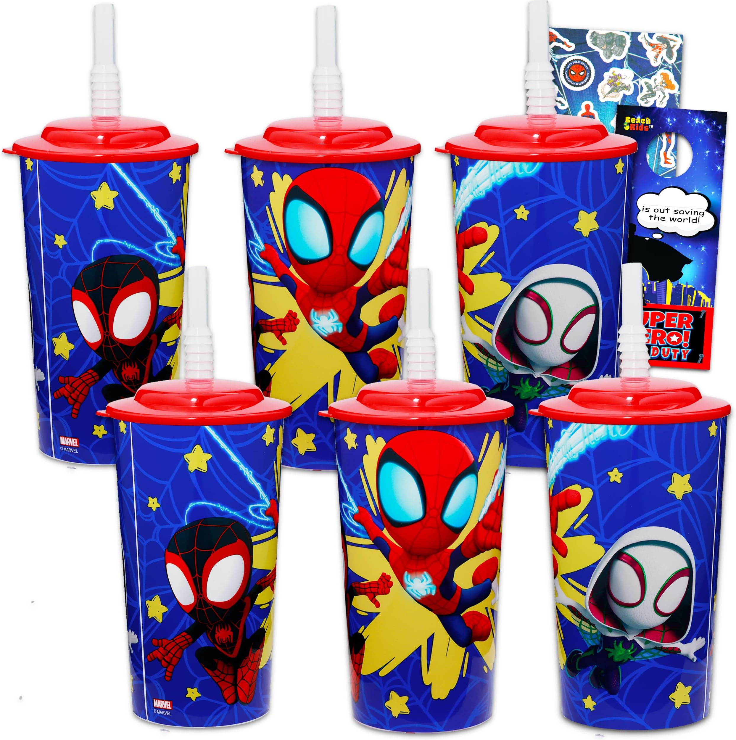 Marvel Spidey 16oz Reusable Tumbler Cups ~ 6pc Bundle Spidey and his Amazing Friends Cups with Straws Plus Stickers for Boys and Girls | Spiderman Tumbler with Straw