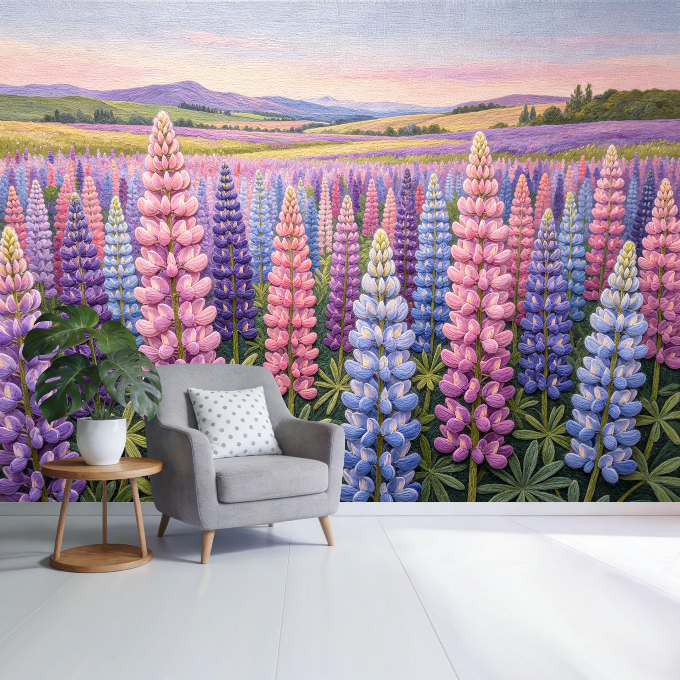 Custom Size Wall Mural Lavender Lupine Field Landscape Pastel Sunset Botanical Oil Painting SelfAdhesive Wall Fabric Removable Wallpaper for Home Office Decor