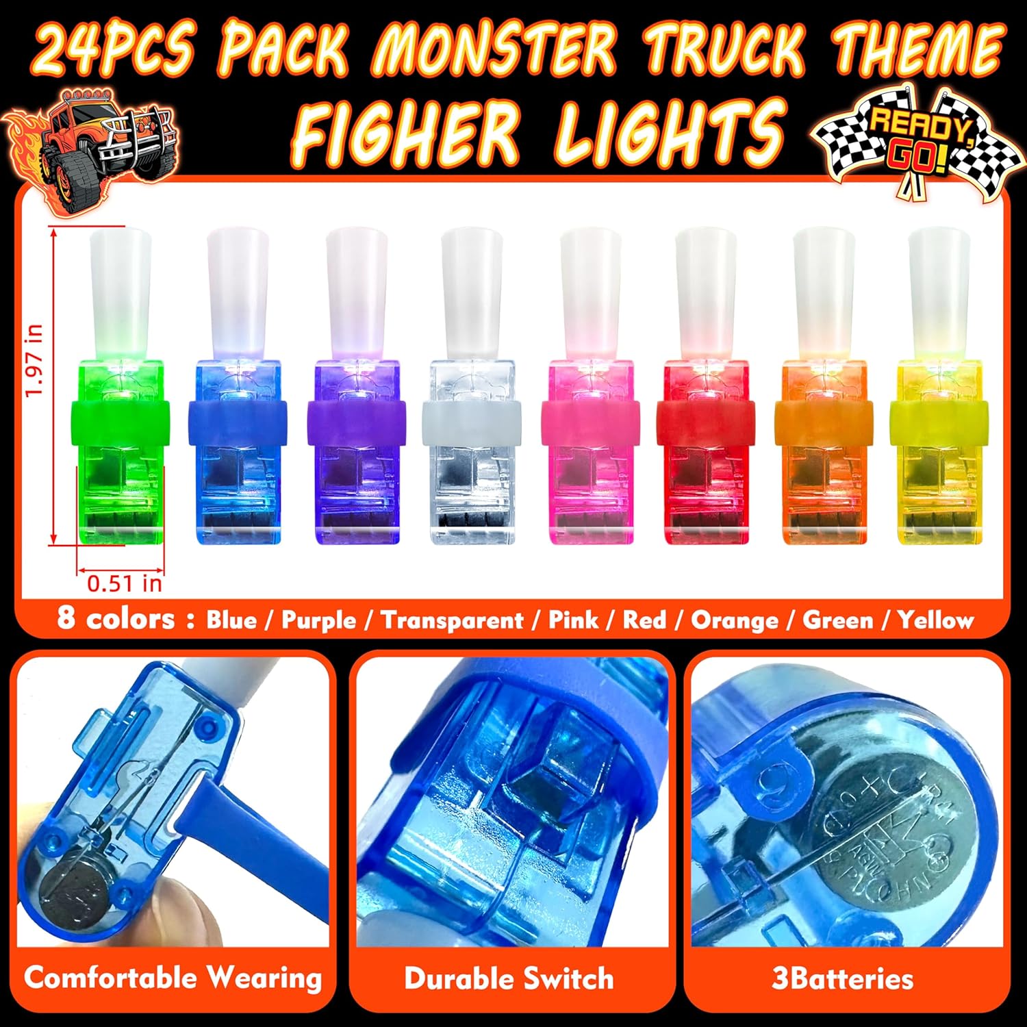 24PCS Monster Truck Party Favors-LED Finger Lights：Glow-in-the-Dark Light-Up Toys Bulk for Kids,Monster Jam Birthday Party Decorations Supplies, Party Goodie Bags, Classroom Prizes, Fun Gifts - Image 2