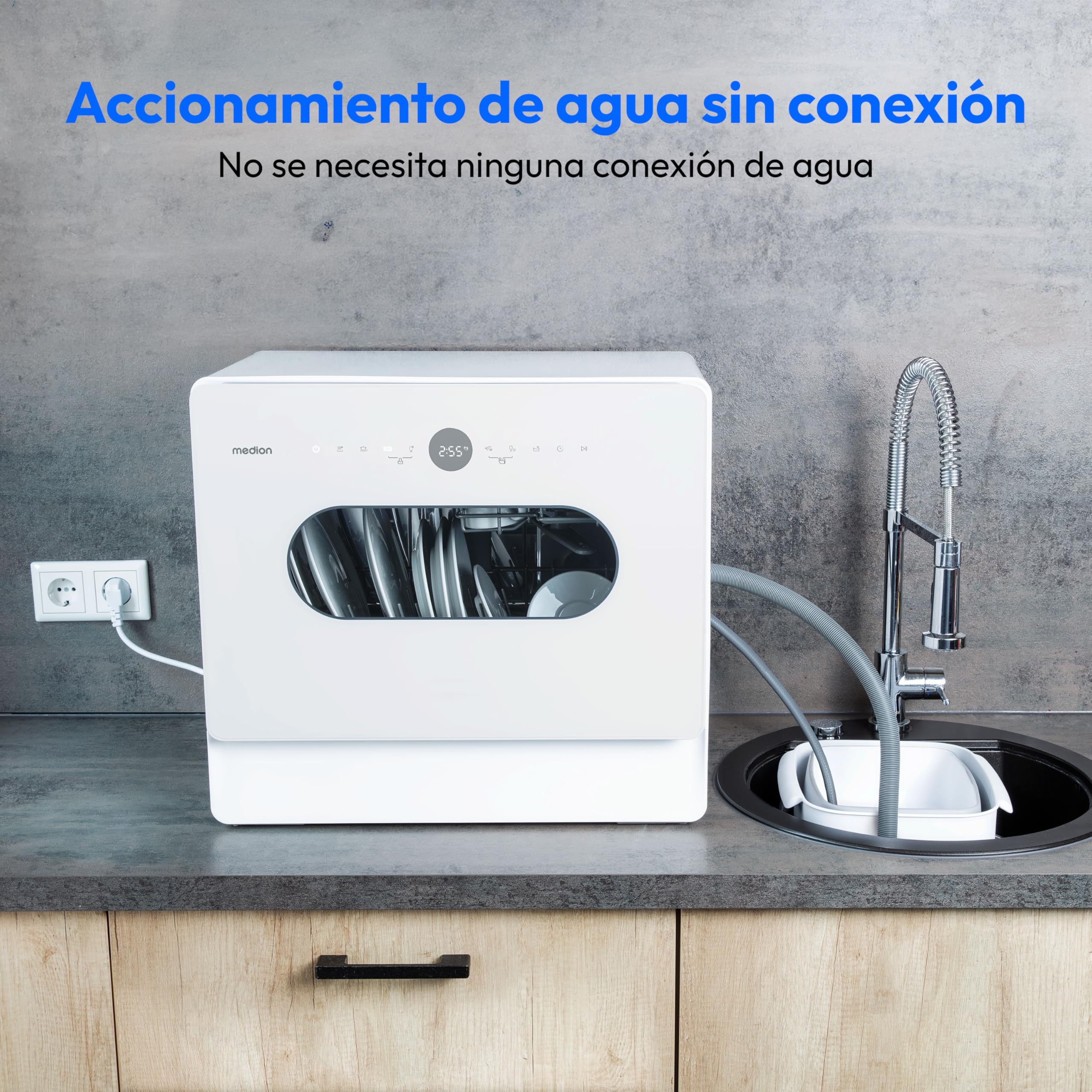 MEDION Mini Lavavajillas DWT51 (Lavavajillas de sobremesa con panel de control táctil, función cubo, 5 cubiertos, funciona con/sin toma de agua, 7 programas de limpieza