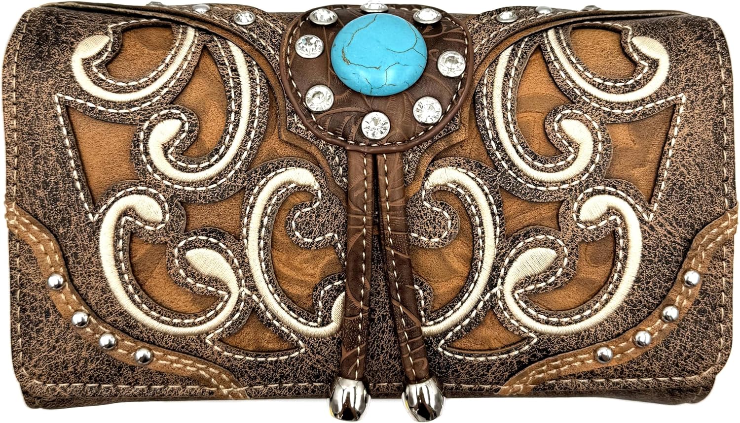 Justin West Tooled Leather Laser Cut Rhinestone Concho Studded Shoulder Concealed Carry Tote Style Handbag Purse Wallet