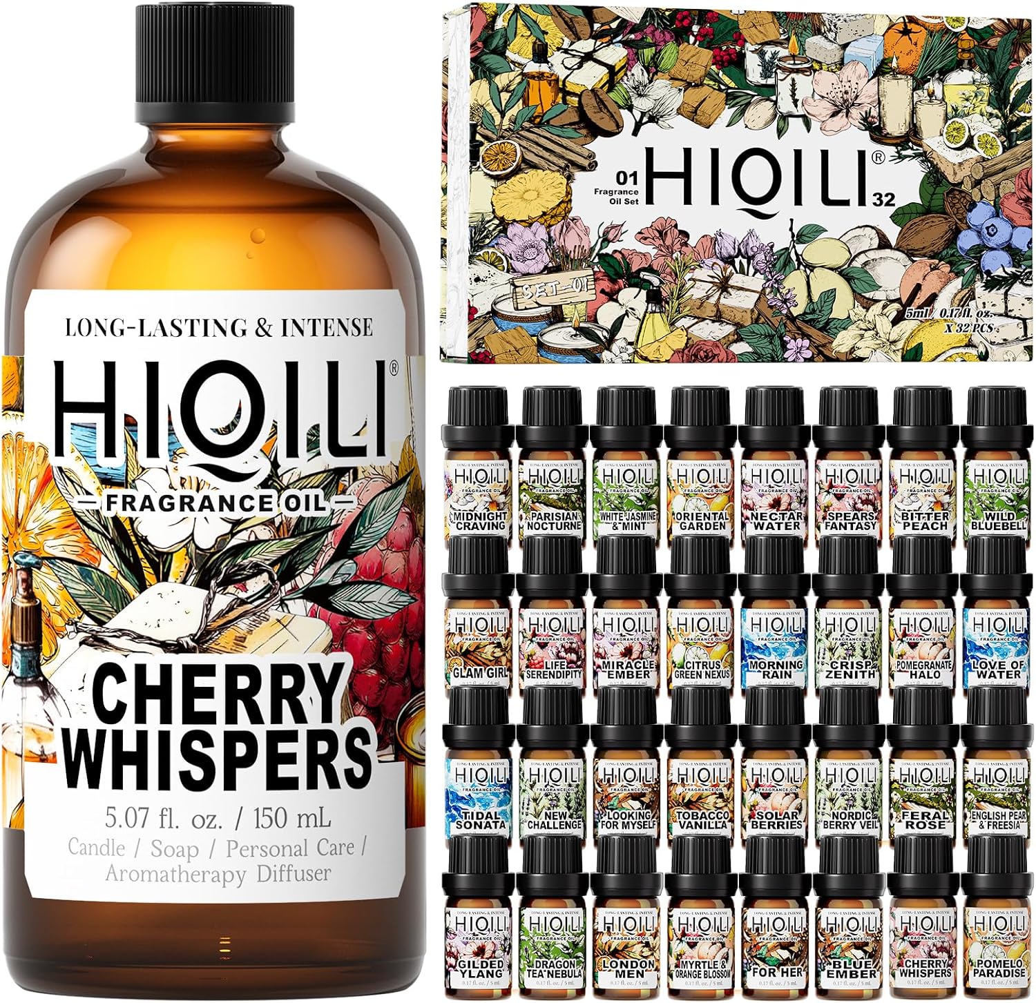 HIQILI 150ML Cherry Whispers‌ Fragrance Oil & 5ML*32 Fragrance Oil Gift Set, for DIY, Diffuser