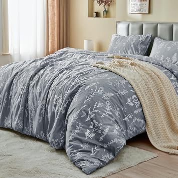 MUXHOMO Floral Duvet Cover Set 3 PCS White Leaves King + Mattress Protector King