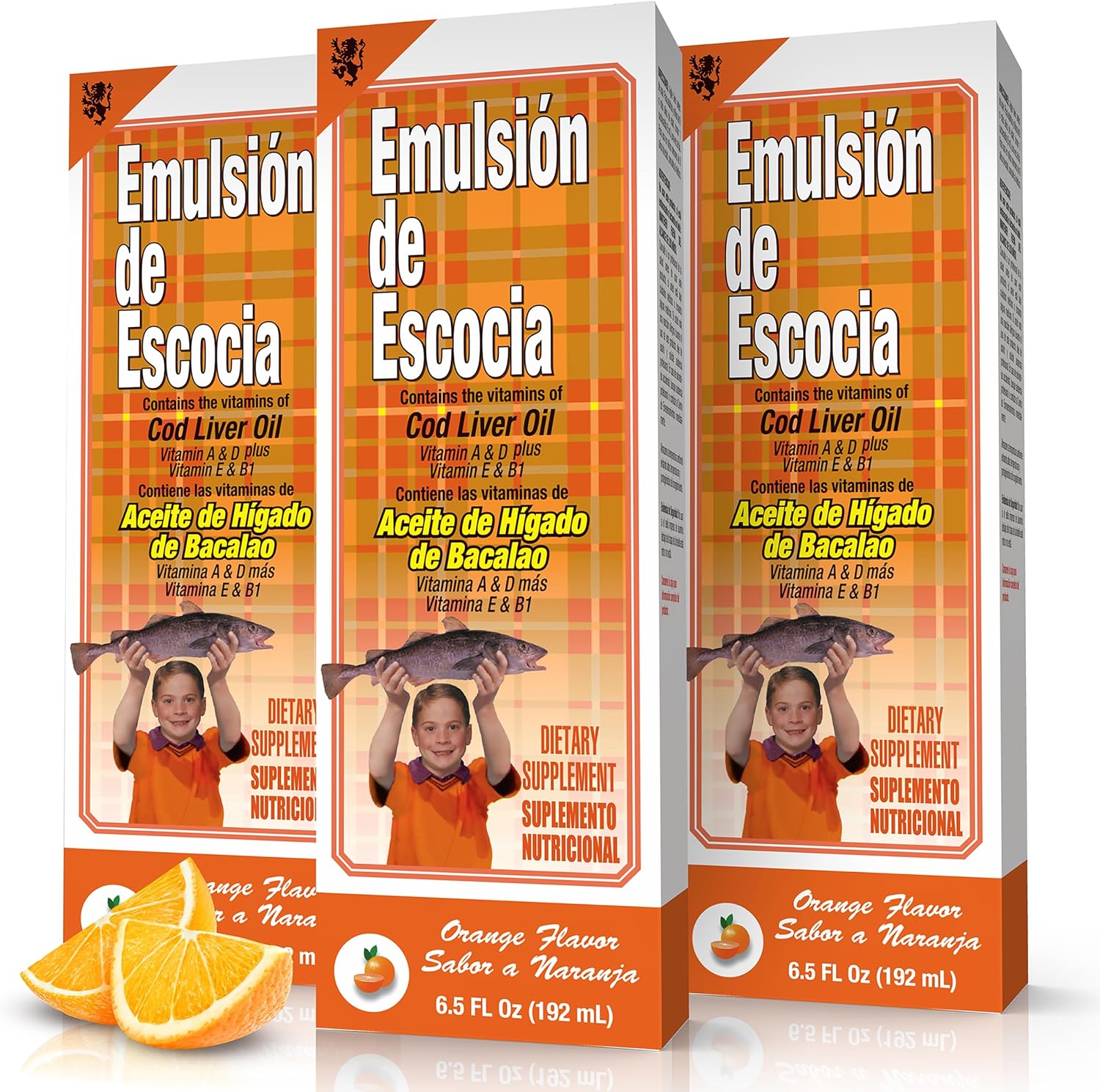 Emulsion de Escocia Cod Liver Oil Liquid with Vitamins A, D, E & B1, Omega-3 Fish Oil Supplement for Kids & Adults, Supports Immune & Bone Health, Orange Flavor, 6.5 Fl Oz Bottles, 3-Pack