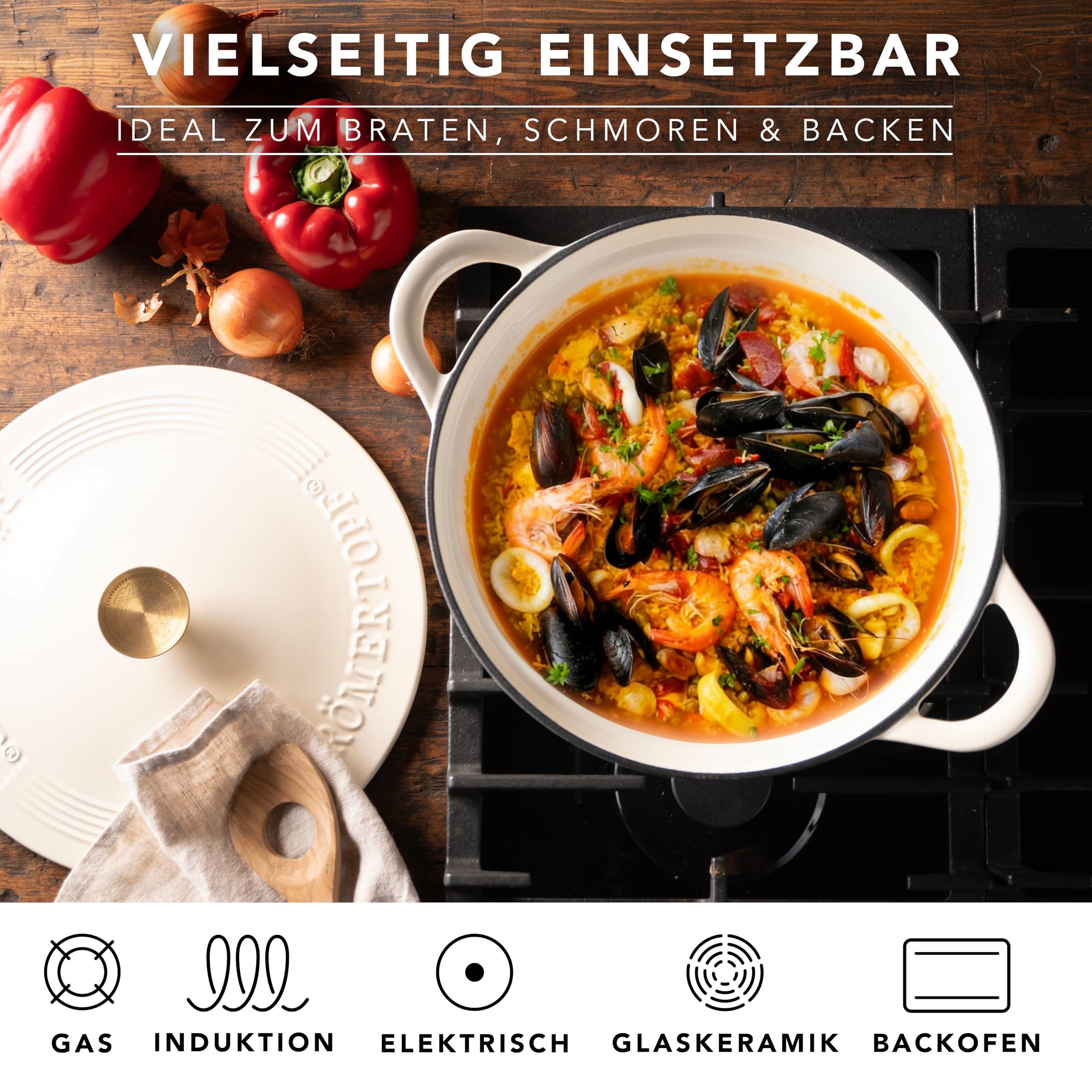 Römertopf Schmorpfanne Gusseisen 28 cm 2,4 L mit Deckel, Creme | Sautépfanne zum Anbraten und Schmoren, alle Herdarten inklusive Induktion, ofenfest 250 °C, PFAS-frei