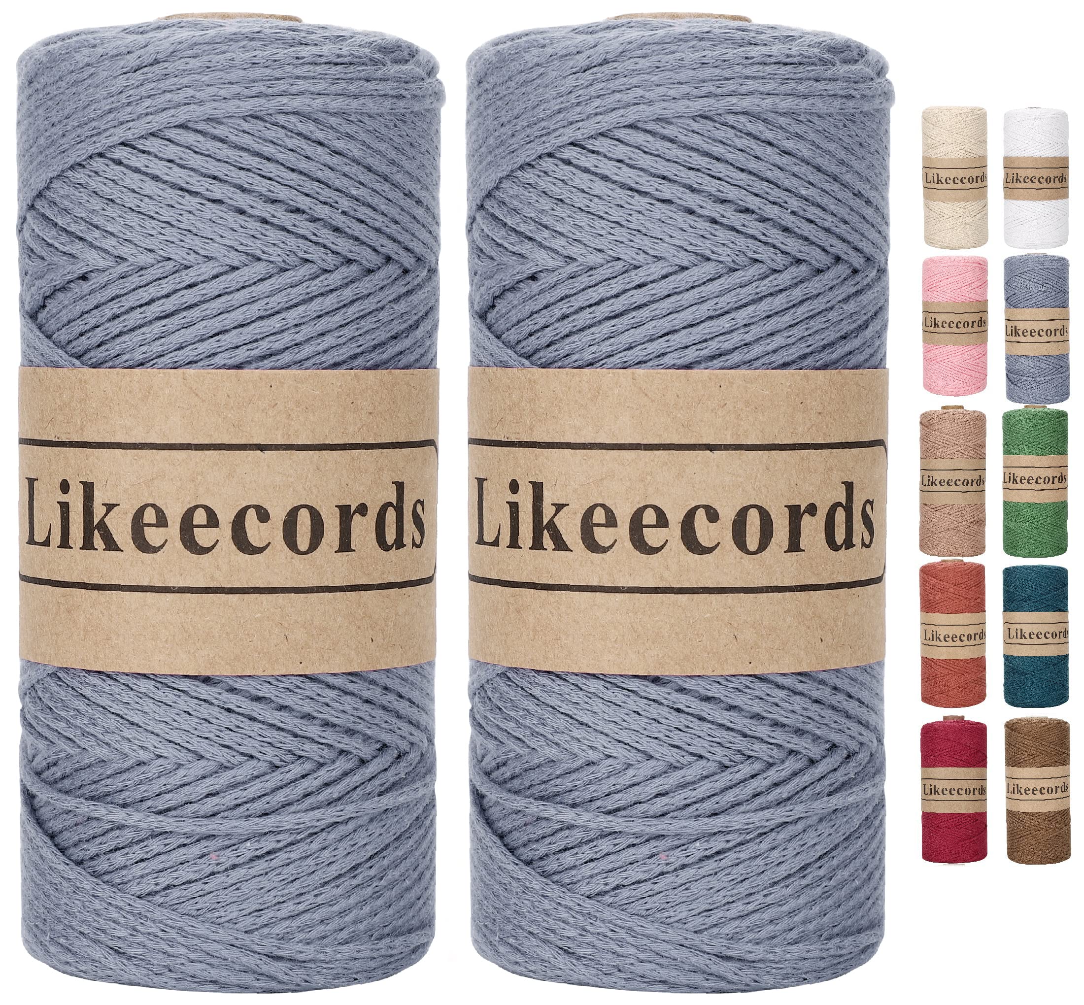 Likeecords 100% Cotton Rope Crochet Yarn Bag Cord 2mm 350Yards Braided Macrame Cord Macrame Rope Crochet Thread Gift for Knitter(Gray)