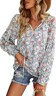 Sponsored Ad - KAYWIDE Women's Blouses Casual Boho Floral Printed V Neck Tops Long Sleeve Drawstring Chiffon Shirts Blouse...