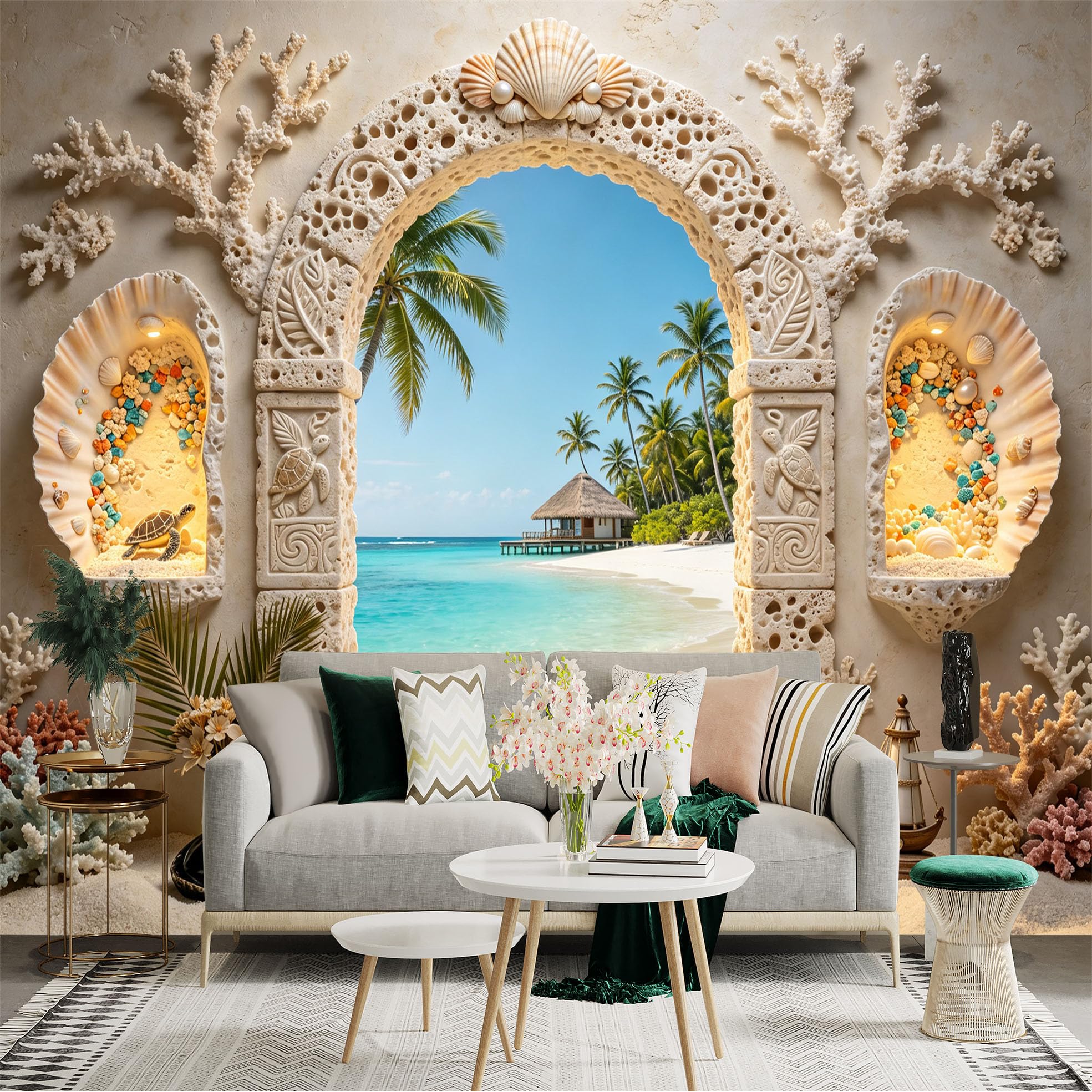 Custom Size Wall Sticker Mural， Tropical Beach Archway， Palm Trees， Ocean Paradise， Coastal Coral Decor， for wall Decoration， peelandstick wall Decals.