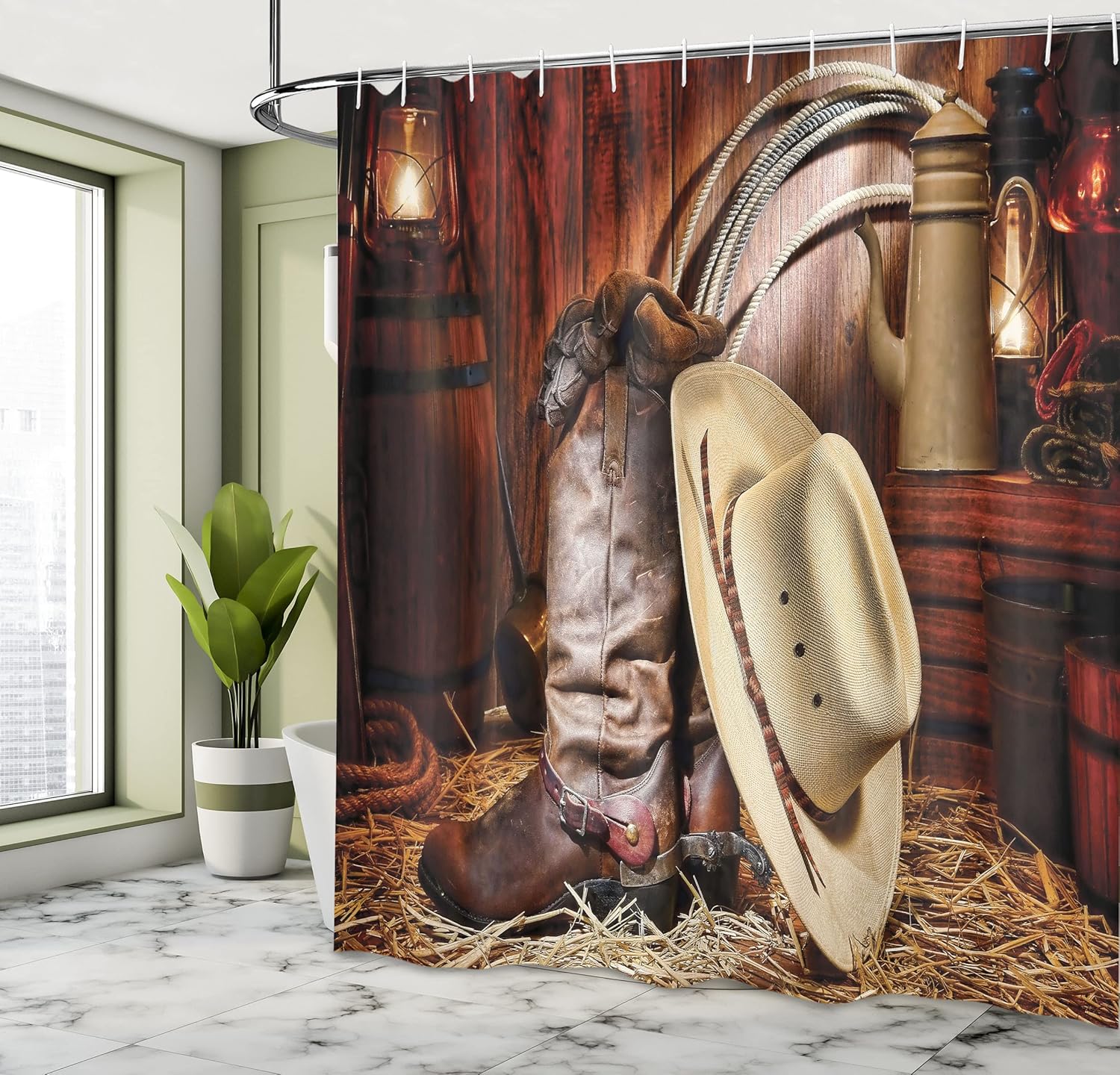 Ambesonne Western Shower Curtain, American West Rodeo Elements with Antique Supplies Retro Art Photo, Cloth Fabric Bathroom Decor Set with Hooks, 69" W x 70" L, Beige Brown
