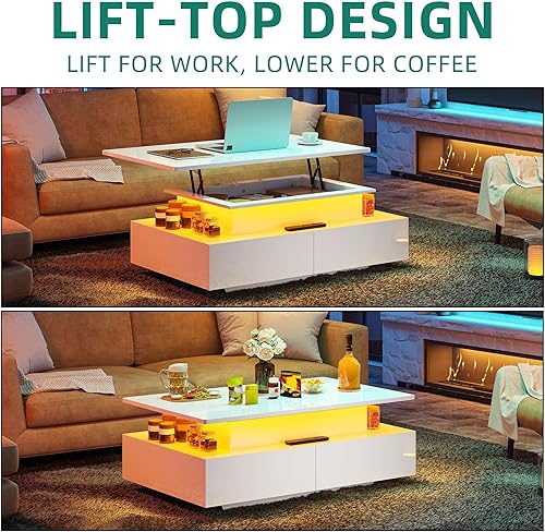 Miniatura 5 de YITAHOME - Mesas de centro con tapa LED y elevación para sala de estar, mesa de café de alto brillo con almacenamiento y 4 cajones espaciosos, mesas