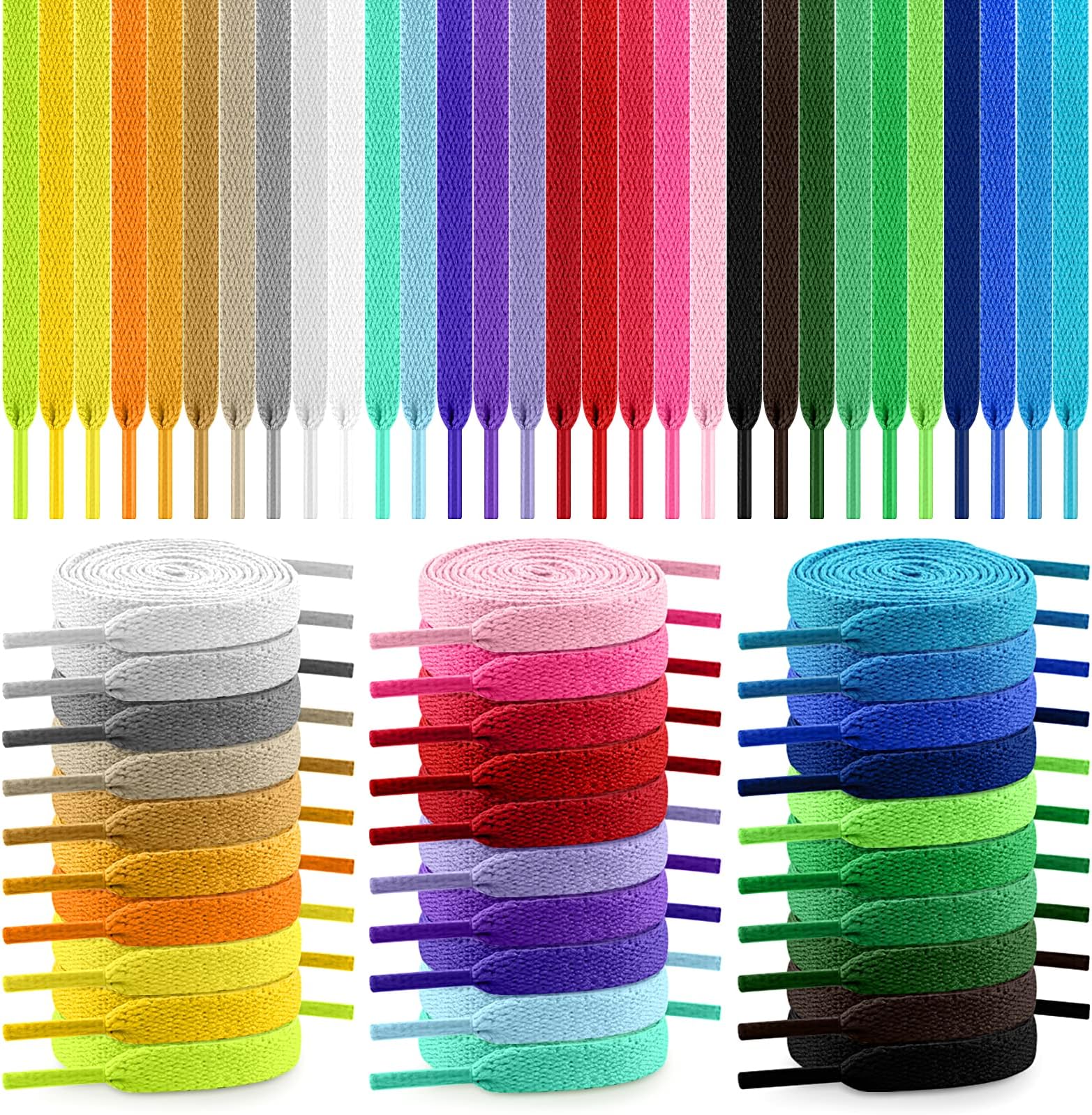 30 Pairs Flat Colored Shoe Laces, 31" 40" 47" 54" Shoelaces Shoe Strings for Sneakers Boots Skate Shoes Sport Shoes